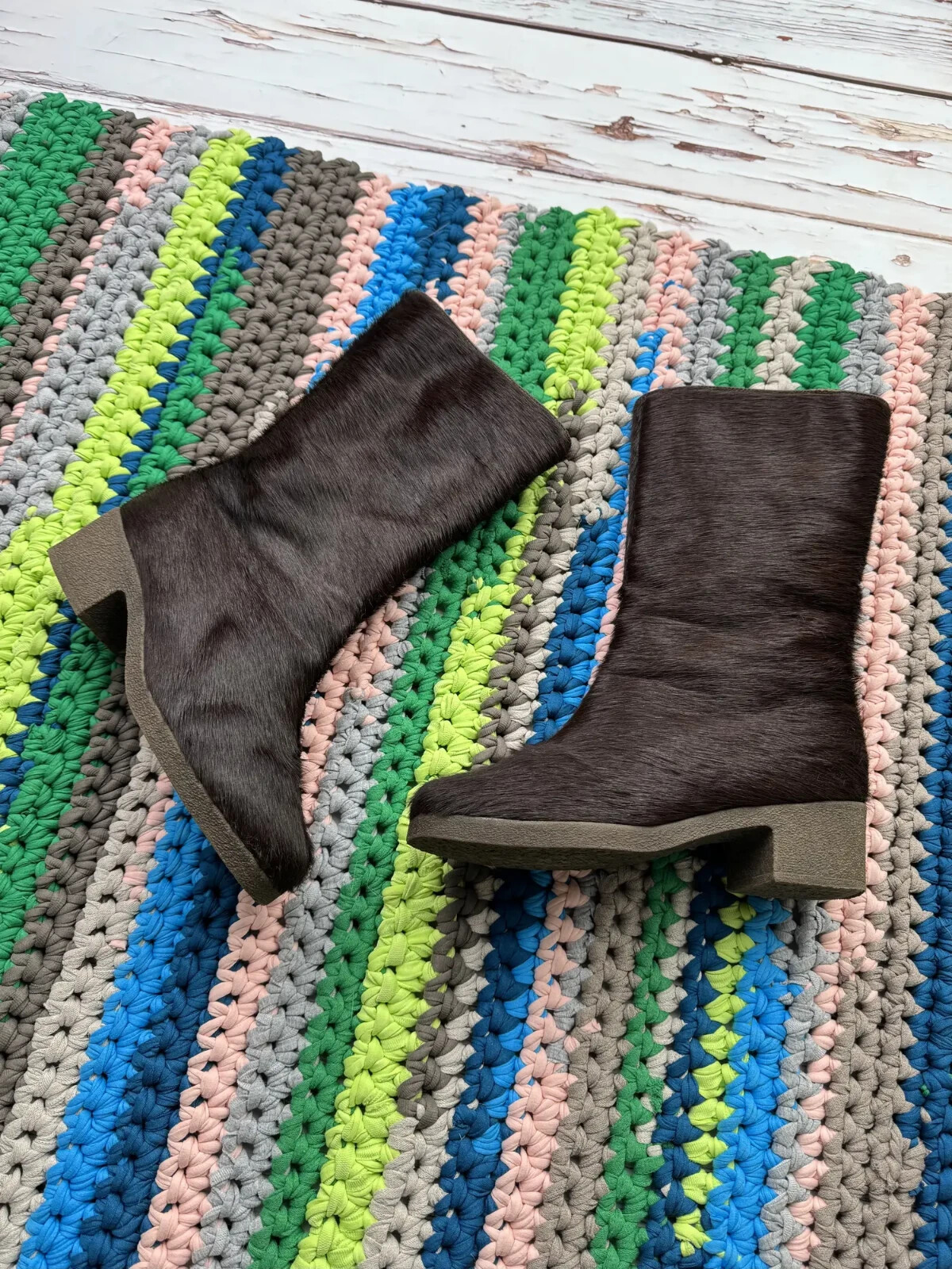 Vintage Women Real Fur Calf Hair Mid Calf Boots Chunky Sole Winter Leather Shoes