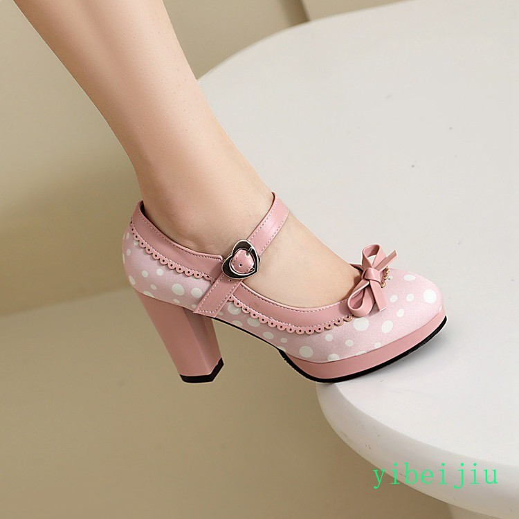 Womens Polka Dot Mary Jane Bowtie High Heel Platform Shoes Fabric Plus Size 2026