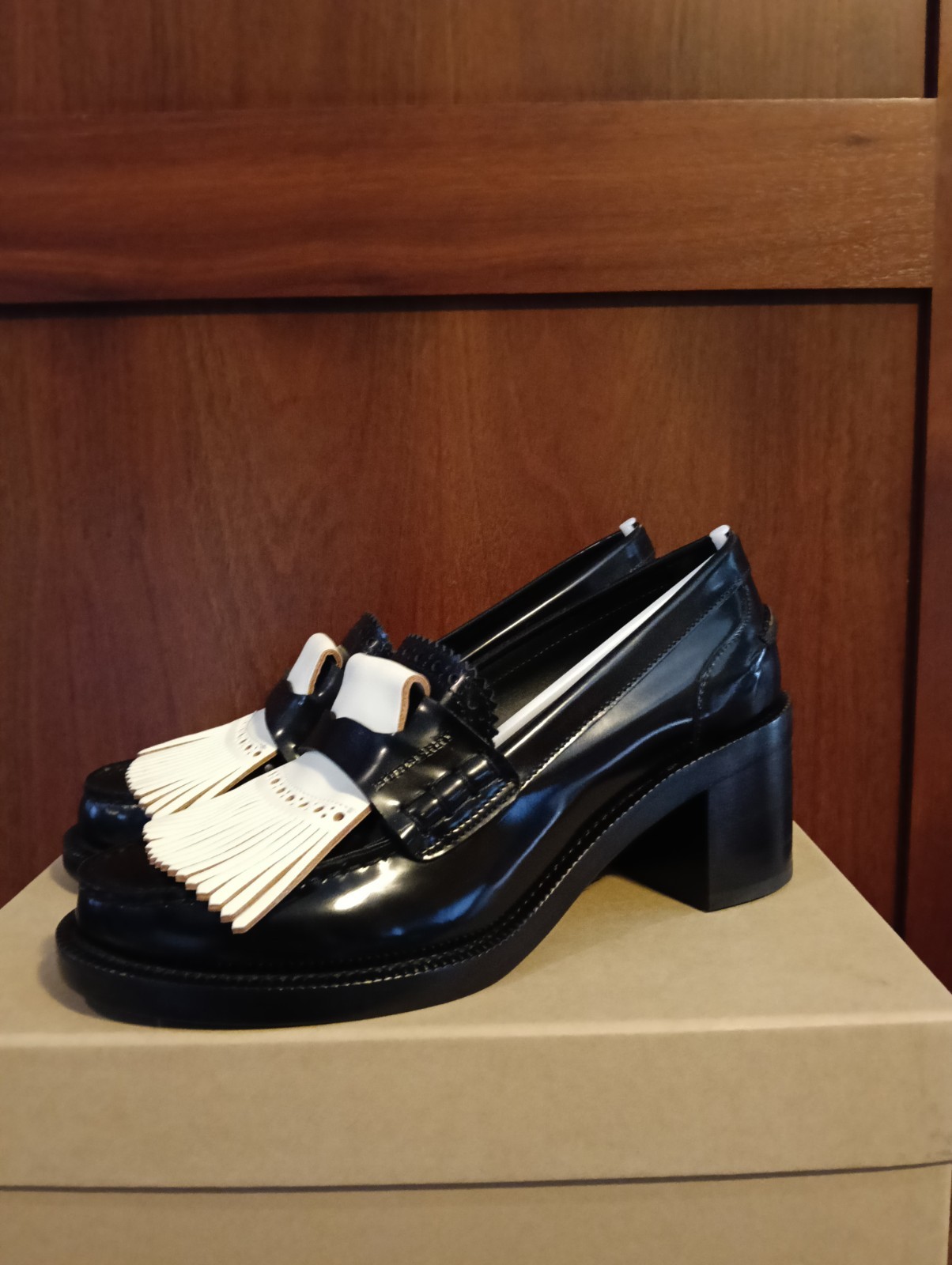 Burberry | Bedmoore Fringe Black & White Block Heel | Eu 37 | Au 6 / 6.5 | New