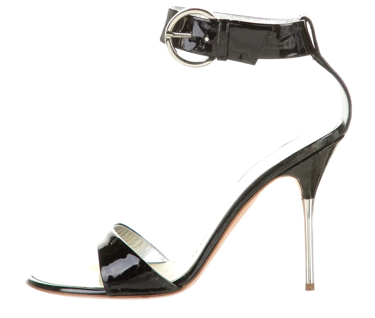 Designer Giuseppe Zanotti Black Patent Leather Ankle Strap Metal Heel Sandals 8