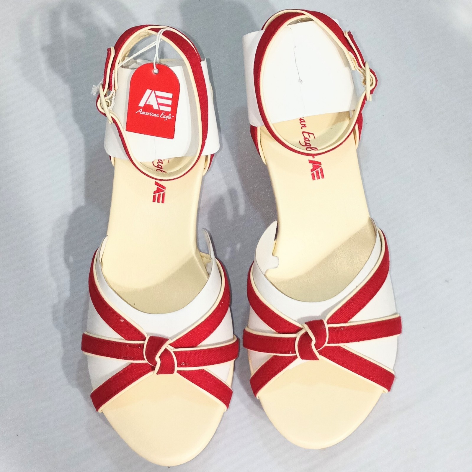 American Eagle 8 M Red White Sasha Eva Wedge Heel Stripe Strappy Shoe Summer