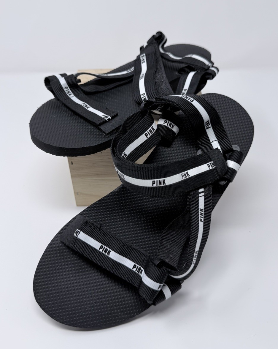 Victoria’s Secret PINK Black ADJUSTABLE STRAP SANDALS SPORT SLIDE SZ Sm 5-6