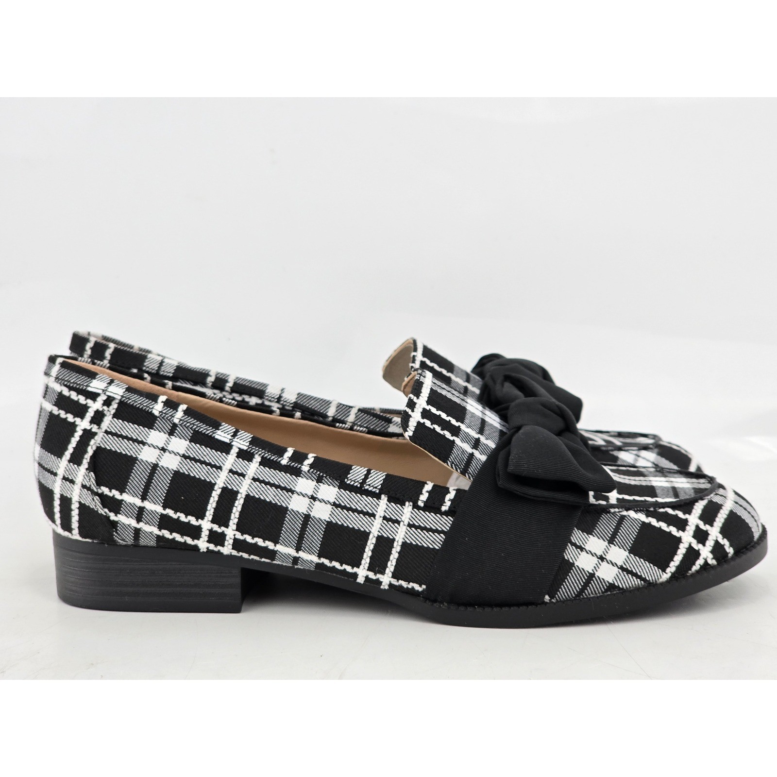 Bandolino Lindio Loafers Womens 9M Black White Plaid Bow Slip On Shoes -VGF