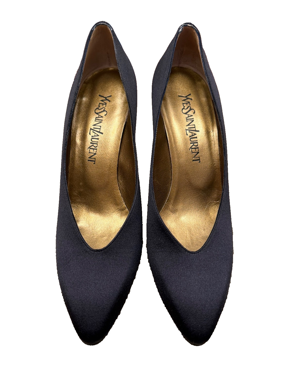Vintage YSL black satin heels with original box. Size 8. Never worn.