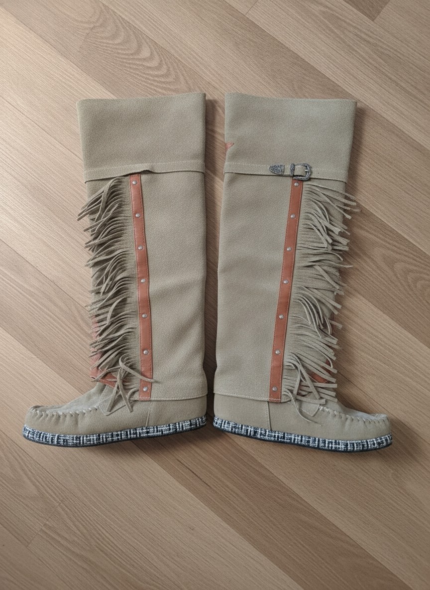 Tan Suede Fringe Moccasin Over-The-Knee Boots Women’s 12 / Men’s 10 Boho