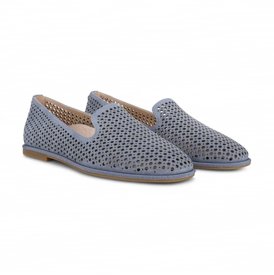 VIONIC Women Willa 2.0 Perf Slip on Flat, Pacific Blue Suede (NEW)