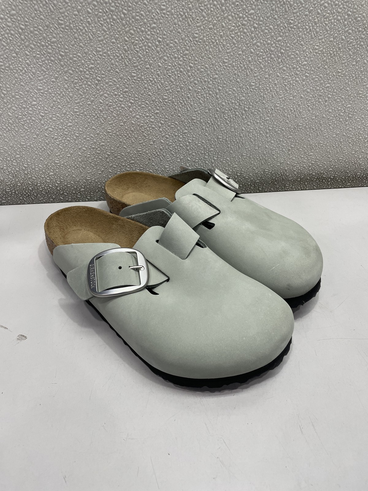 Birkenstock Boston Big Buckle Nubuck Leather Clog Unisex W7, M5 In Pure Sage