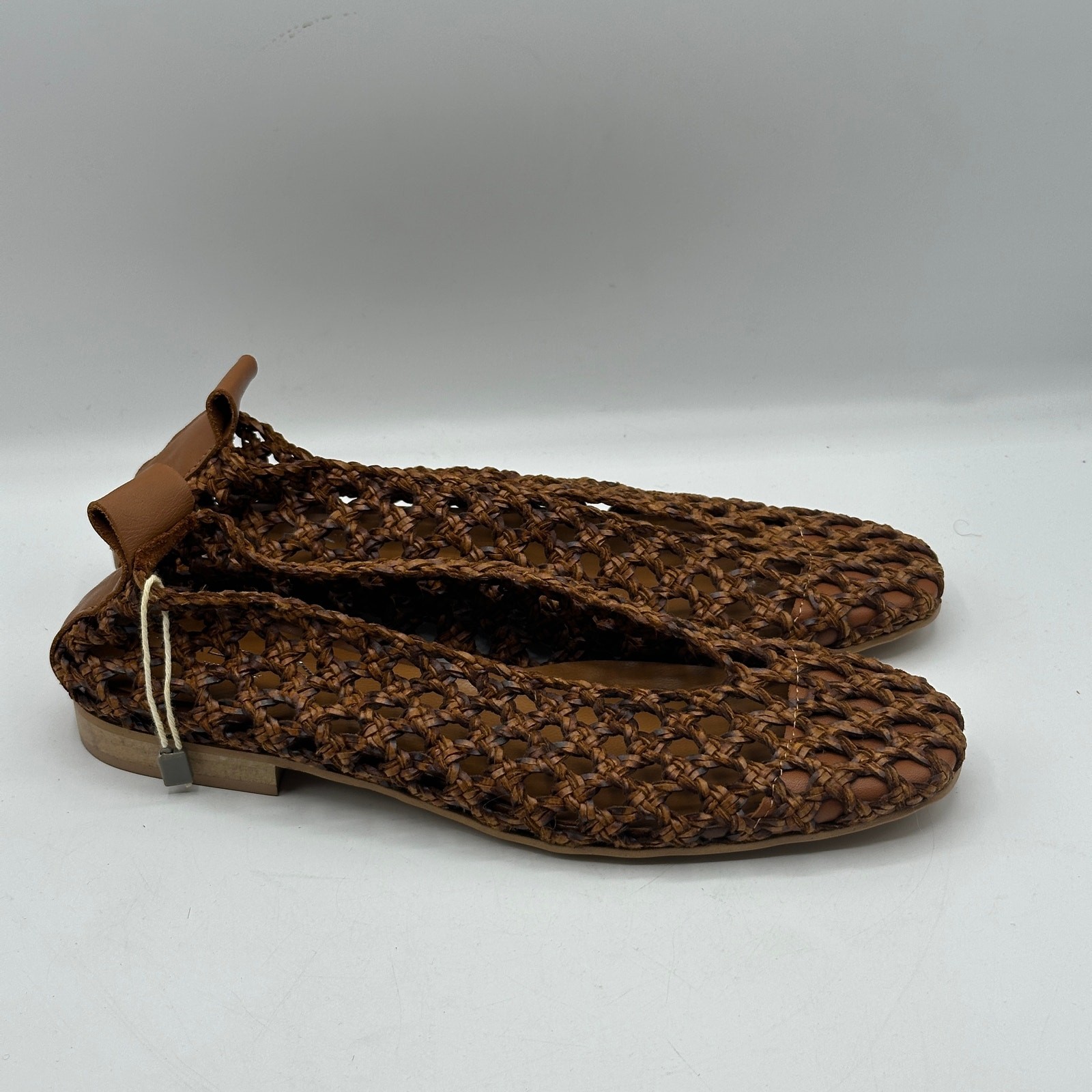 BALDININI Open Woven Leather Basketweave Flats Cognac Brown Sz 35 NWOB $450