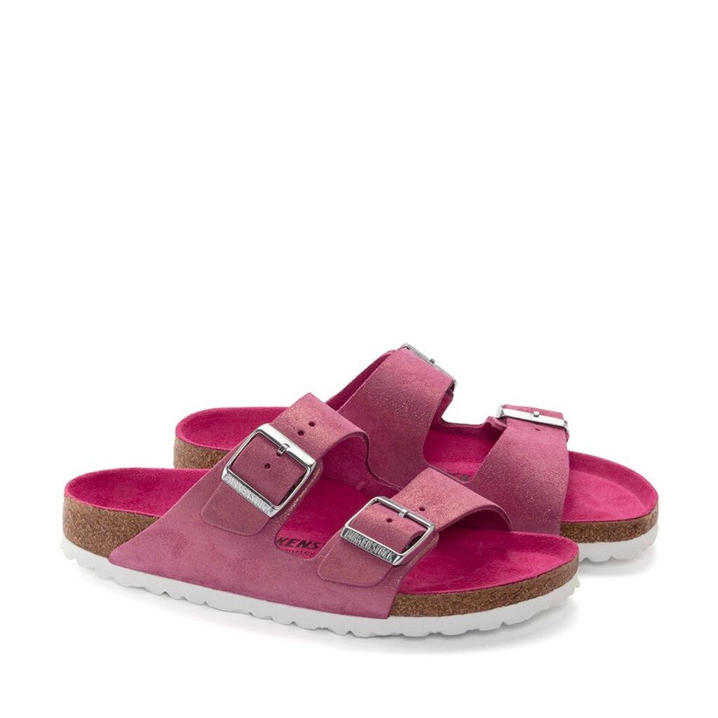 BIRKENSTOCK ARIZONA SHIMMERING FUCHSIA TULIP MEDIUM/NARROW WIDTH SUEDE SLIDE SAN