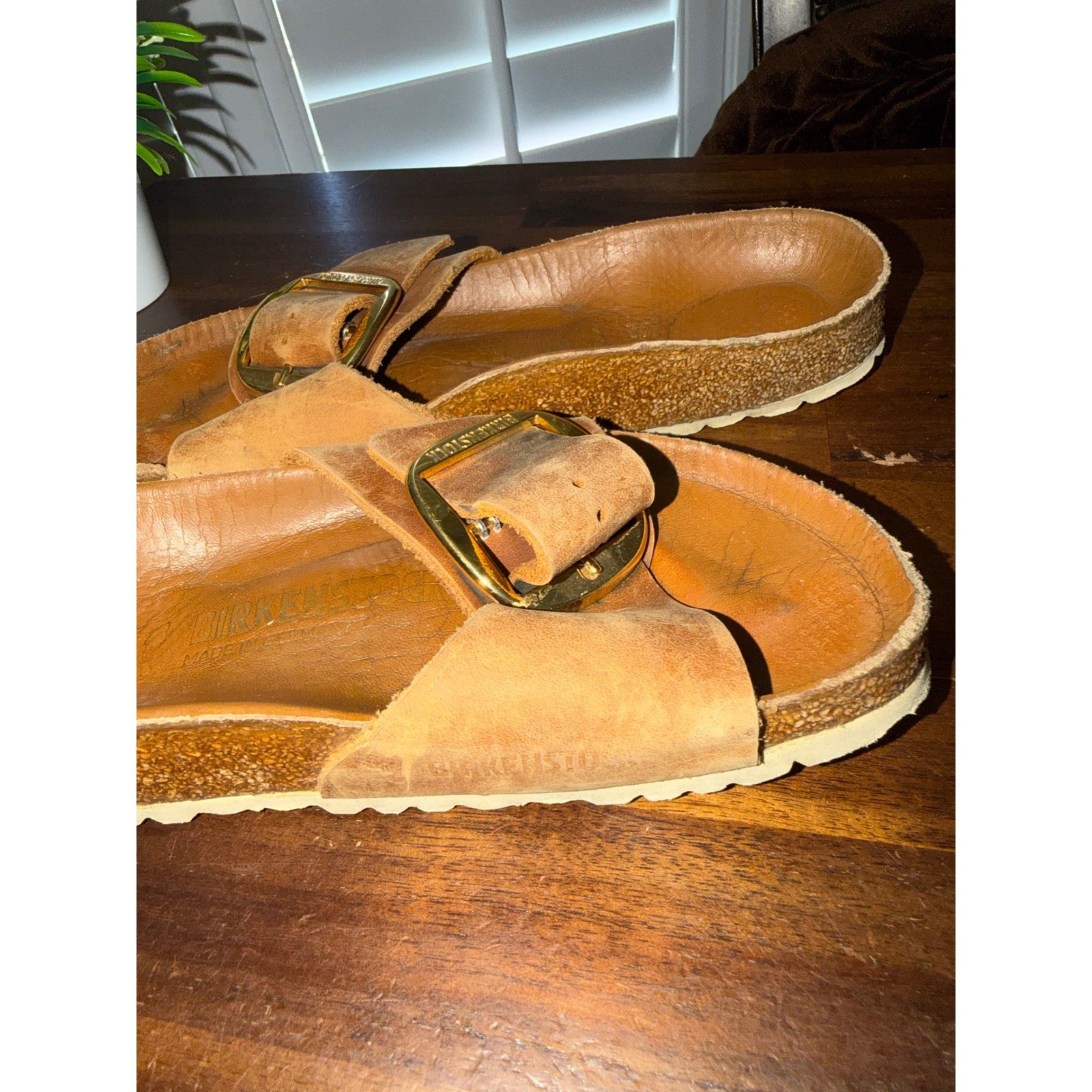 Birkenstock Madrid Big Buckle Cognac Leather Slide Sandals Gold Buckle Size 38