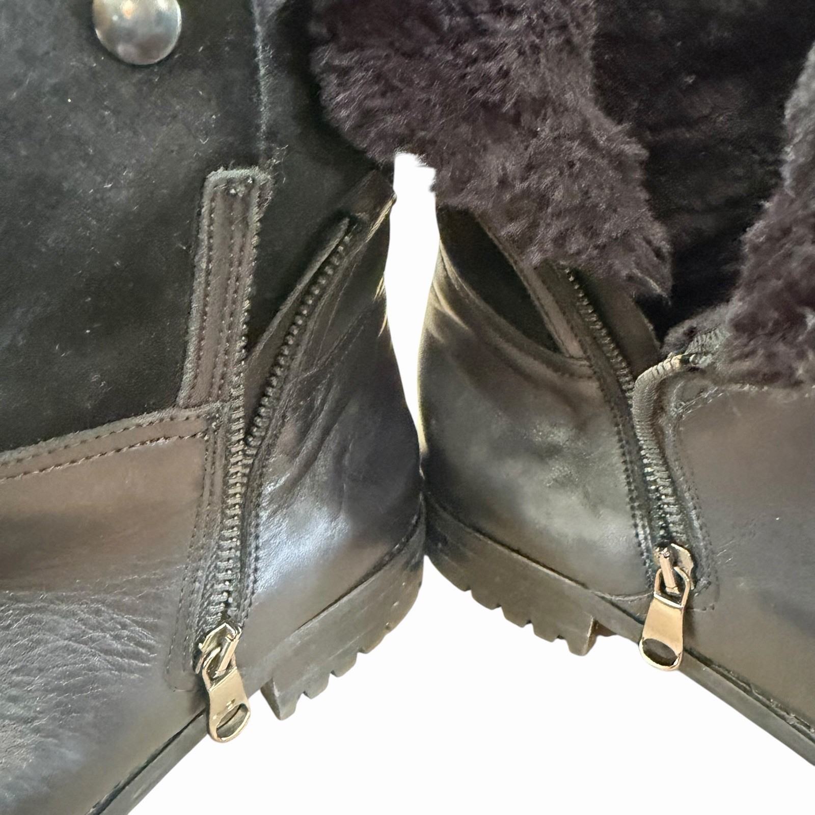 Fabianelli Black Leather Suede Faux Fur Boots Italy Womens 41 US 10 Moto Biker
