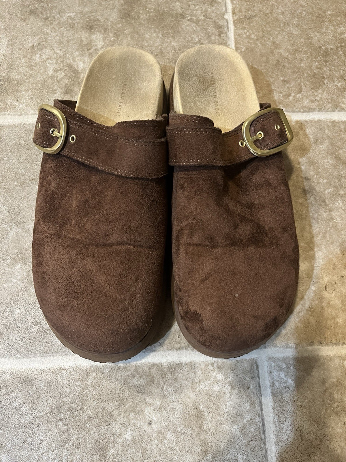 American Eagle Women’s Brown Faux Suede Platform Clog Buckle Strap Size 8.5
