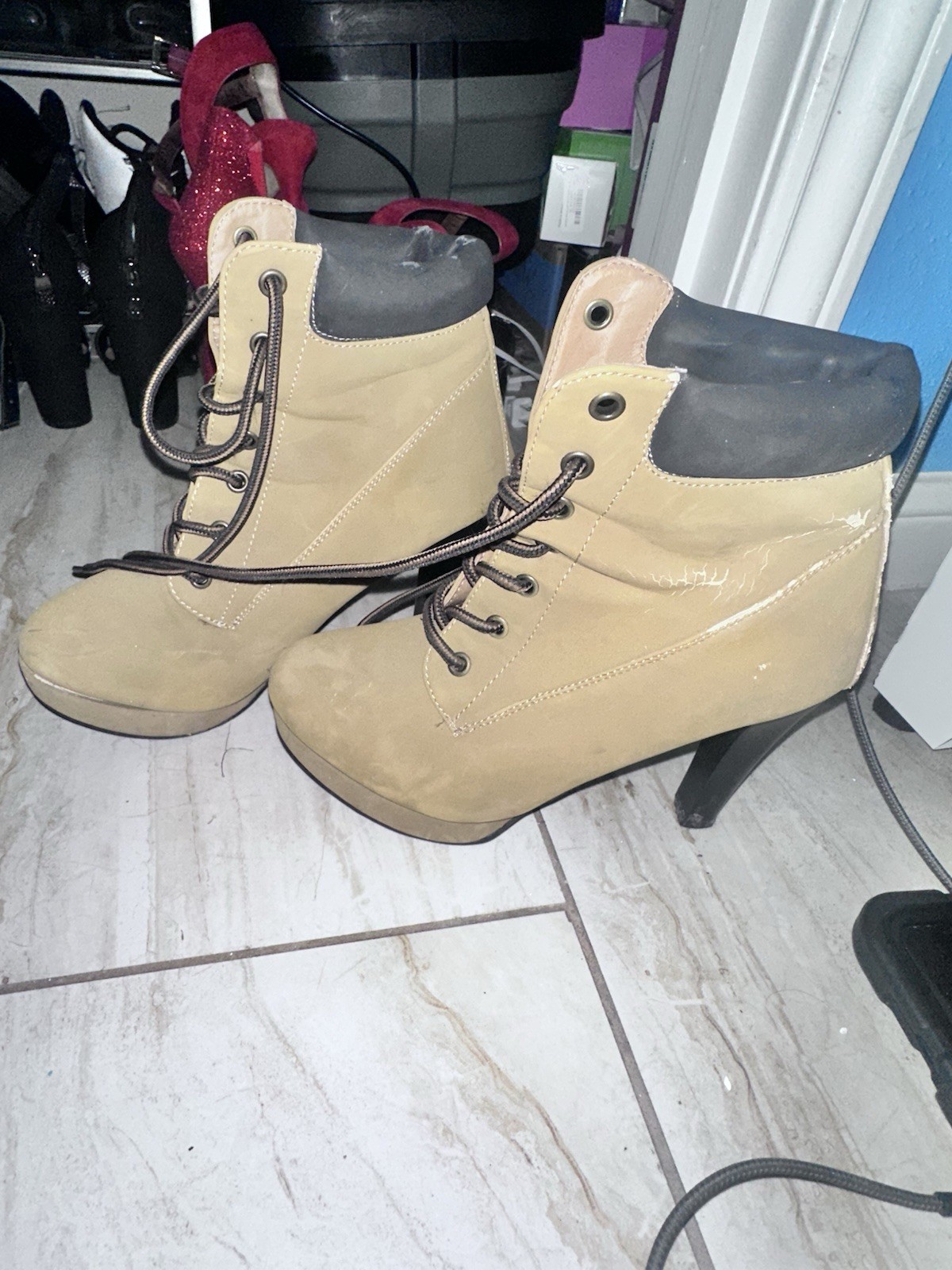 Women’s Beige/Gray Lace-Up Ankle Bootie Stiletto Heel Round Toe Solid
