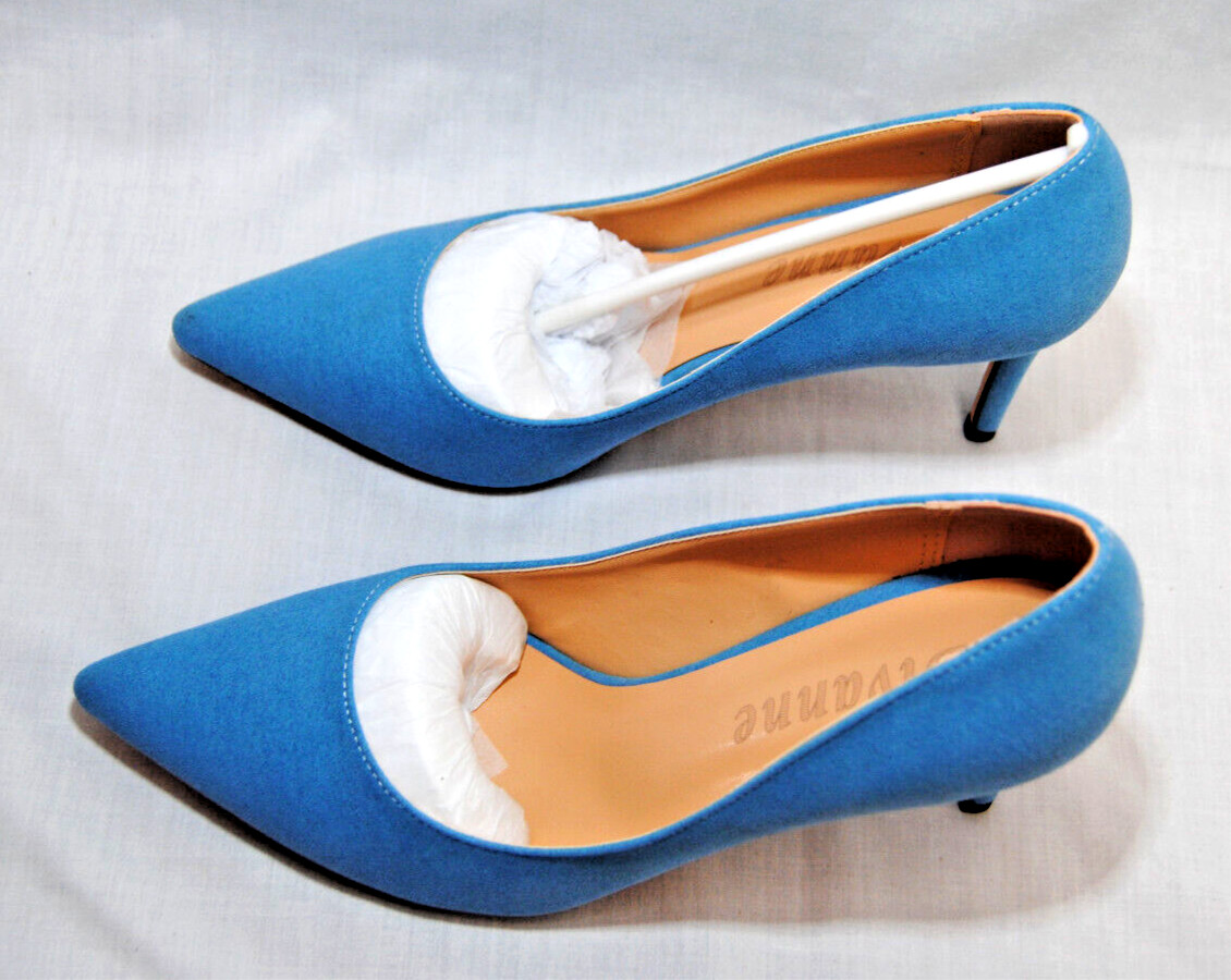 Divanne Womens Middle Heel Stiletto Shoes Pointy Toe Slip-On Pumps Blue T2367