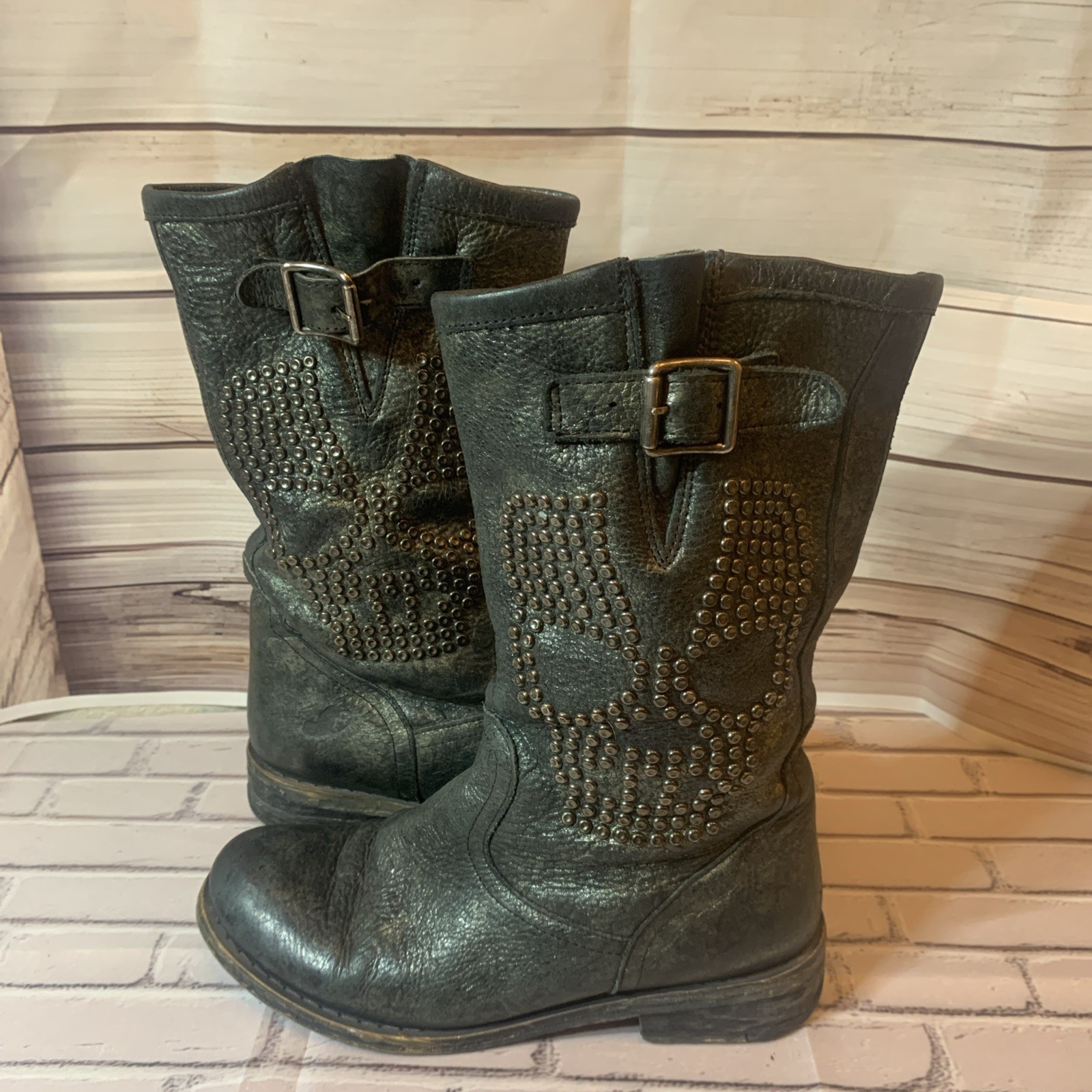 Felmini Black/Gray Distressed Riding Moto Boots Grunge (Skull) Size 8