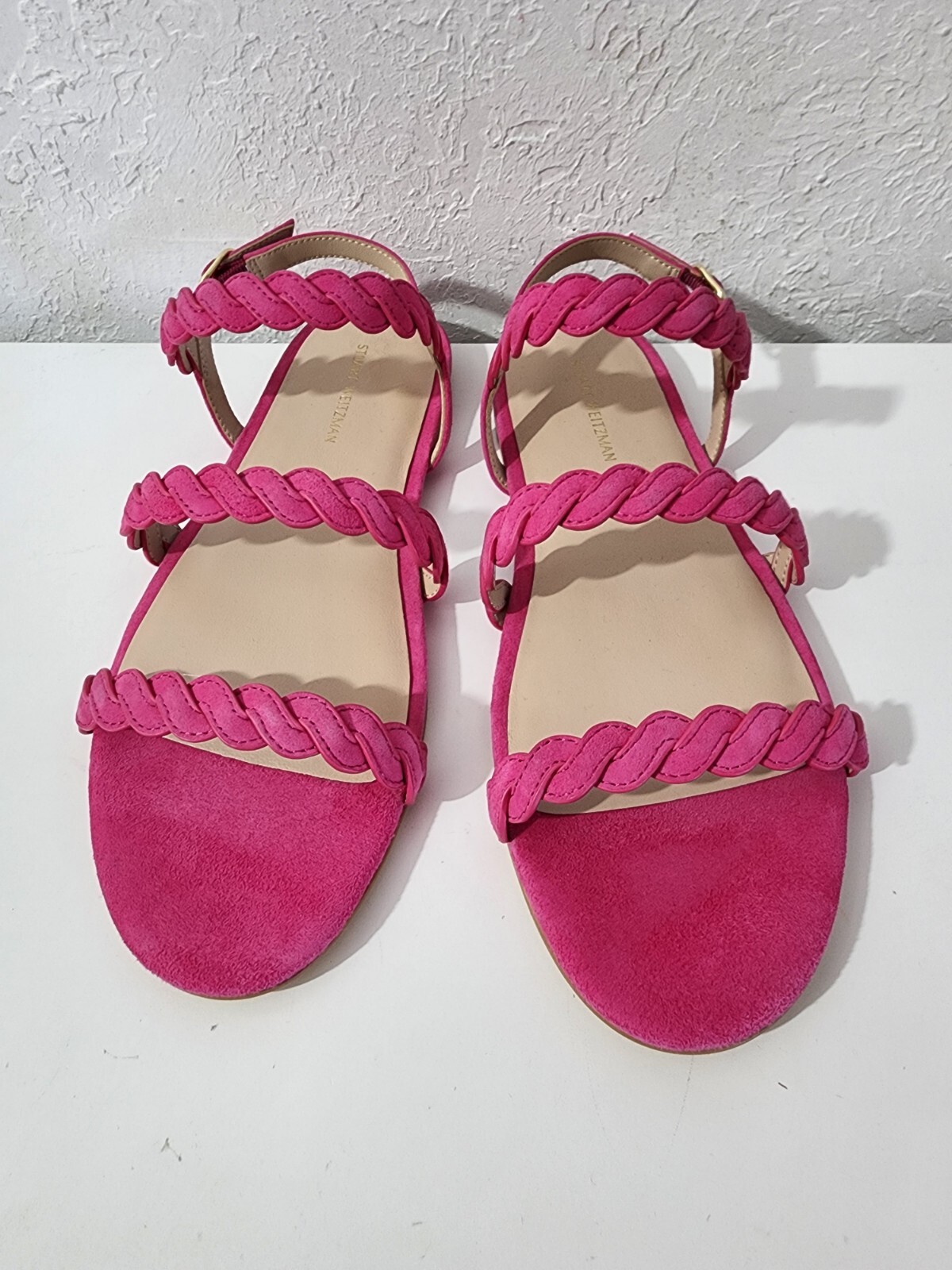 Stuart Weitzman Twistie Pink Suede Ankle Strap Flat Sandal Shoes Womens Sz 7.5B