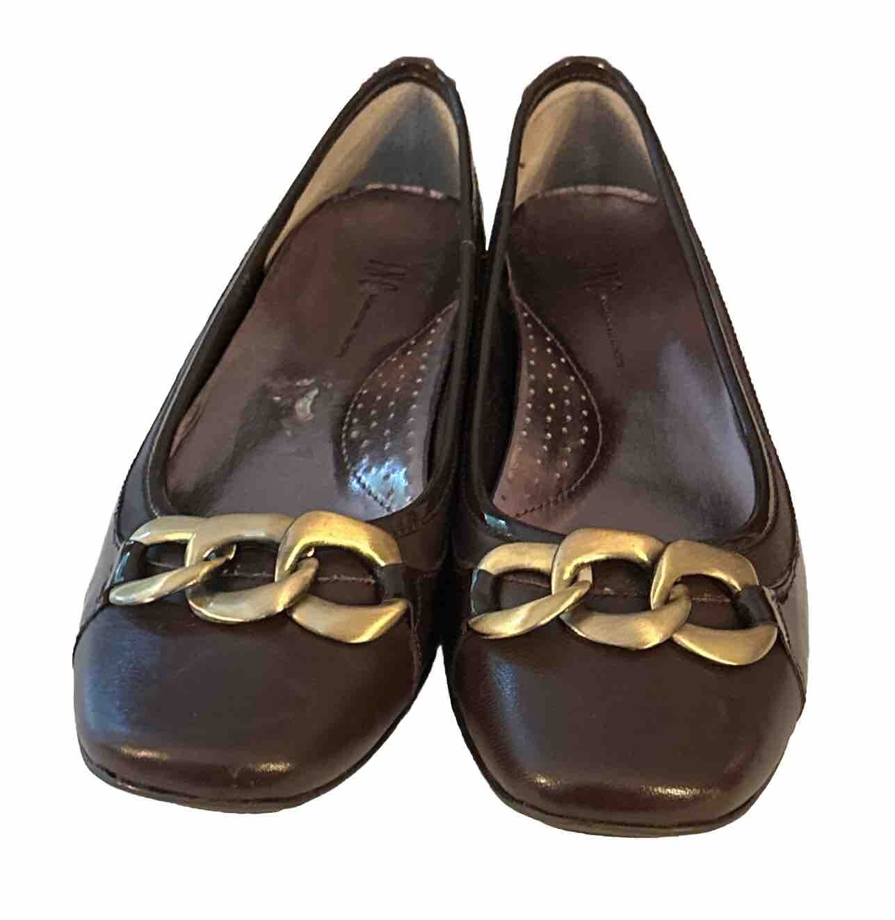 INC Brown Patent Leather Shoes Slip On Flats Chain Detail Academia Office Siren