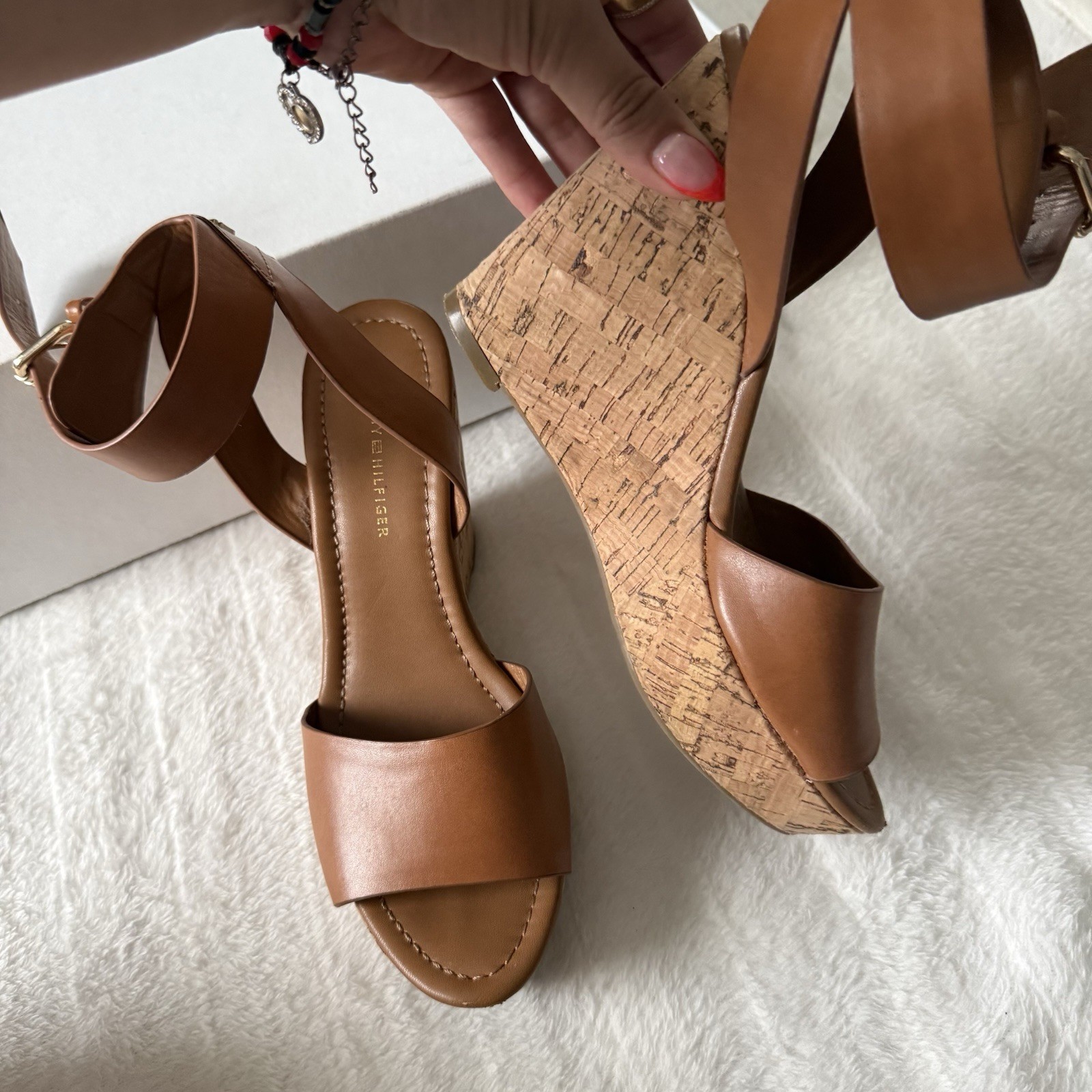 Tommy Hilfiger Women Tan Leather Cork Wedge Ankle Strap Sandals Size 7