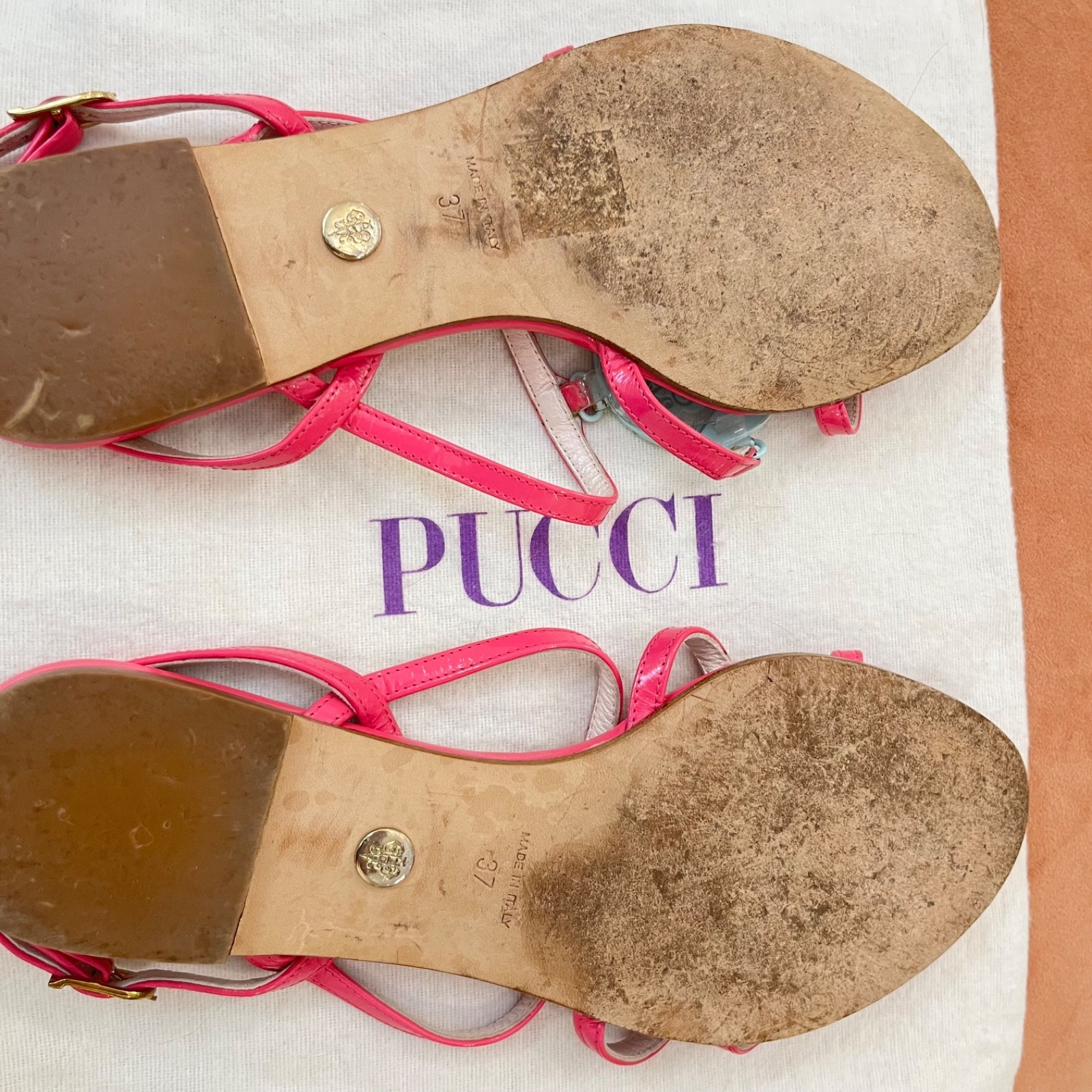 Emilio Pucci Leather Sandals Flats W Dust Bag Pink Green Logo Medallion- Size 37