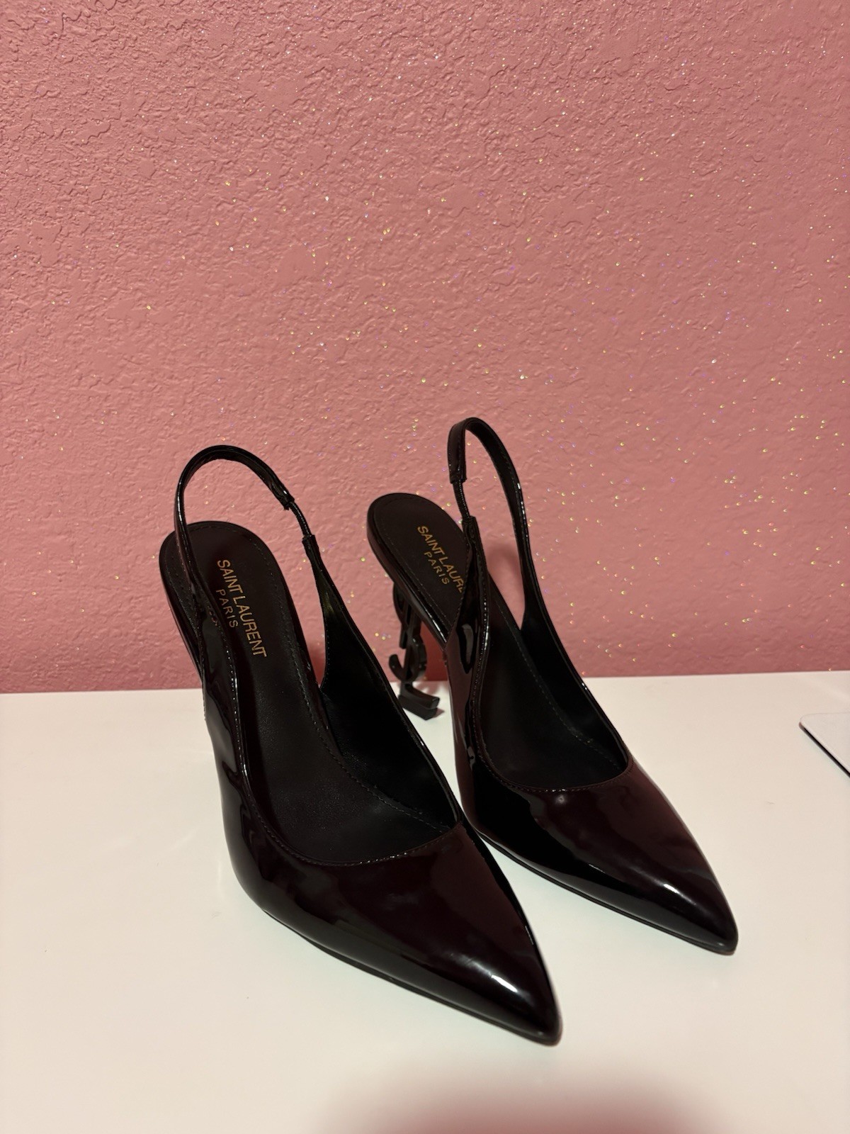 Saint Laurent Black Patent Leather Slingback Pointed Toe Heel EU 39 US 8.5