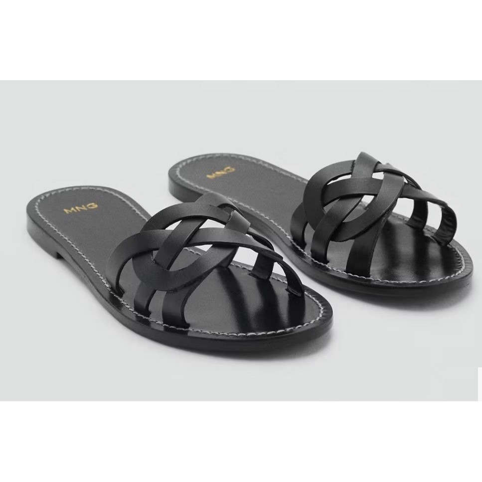 Mango MNG NWT Black Leather Interlaced Flat Sandals Slides Women – Size 39