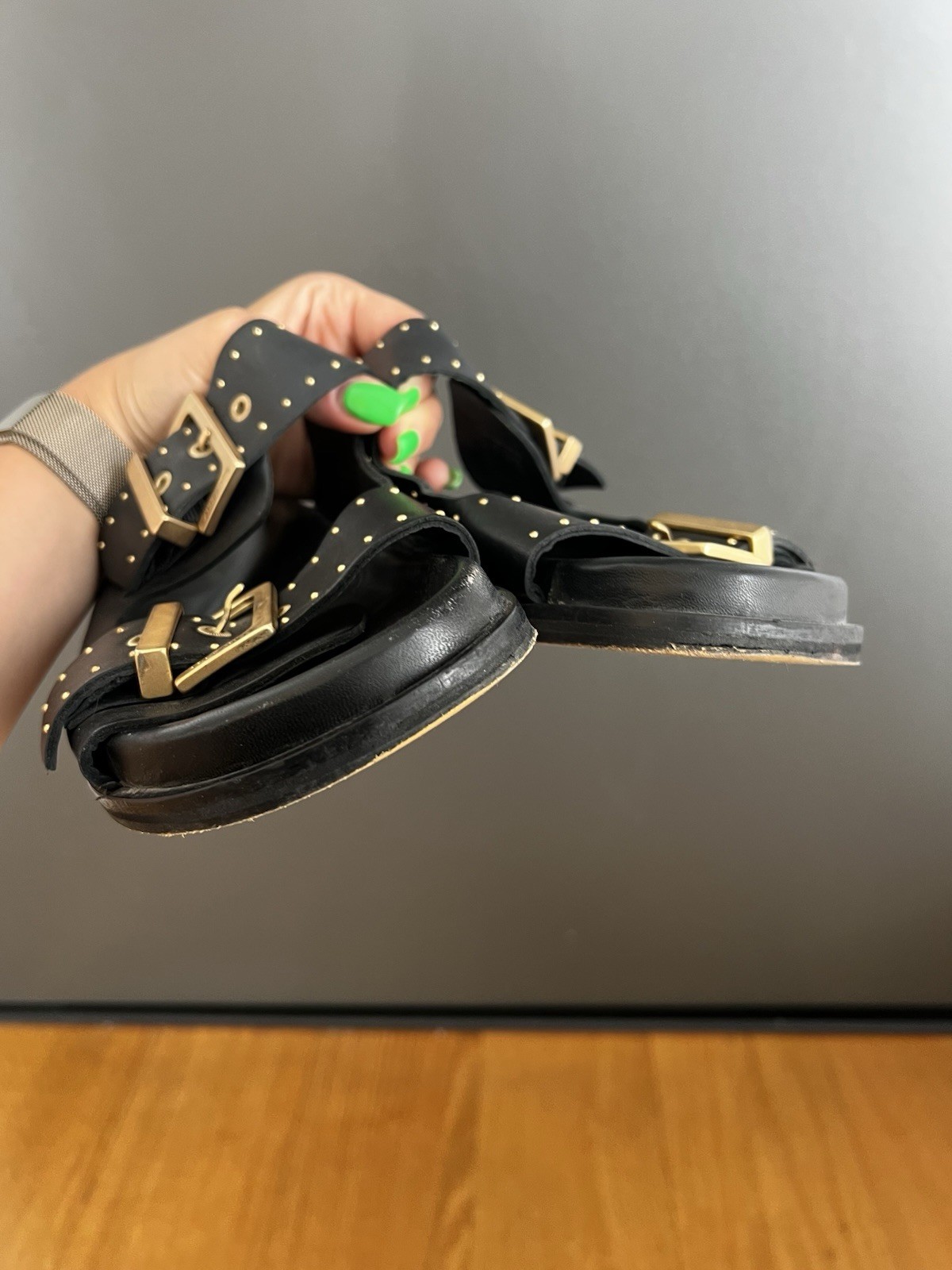 Allsaints Magda studded leather sandals black gold women size EU 40 USA 10