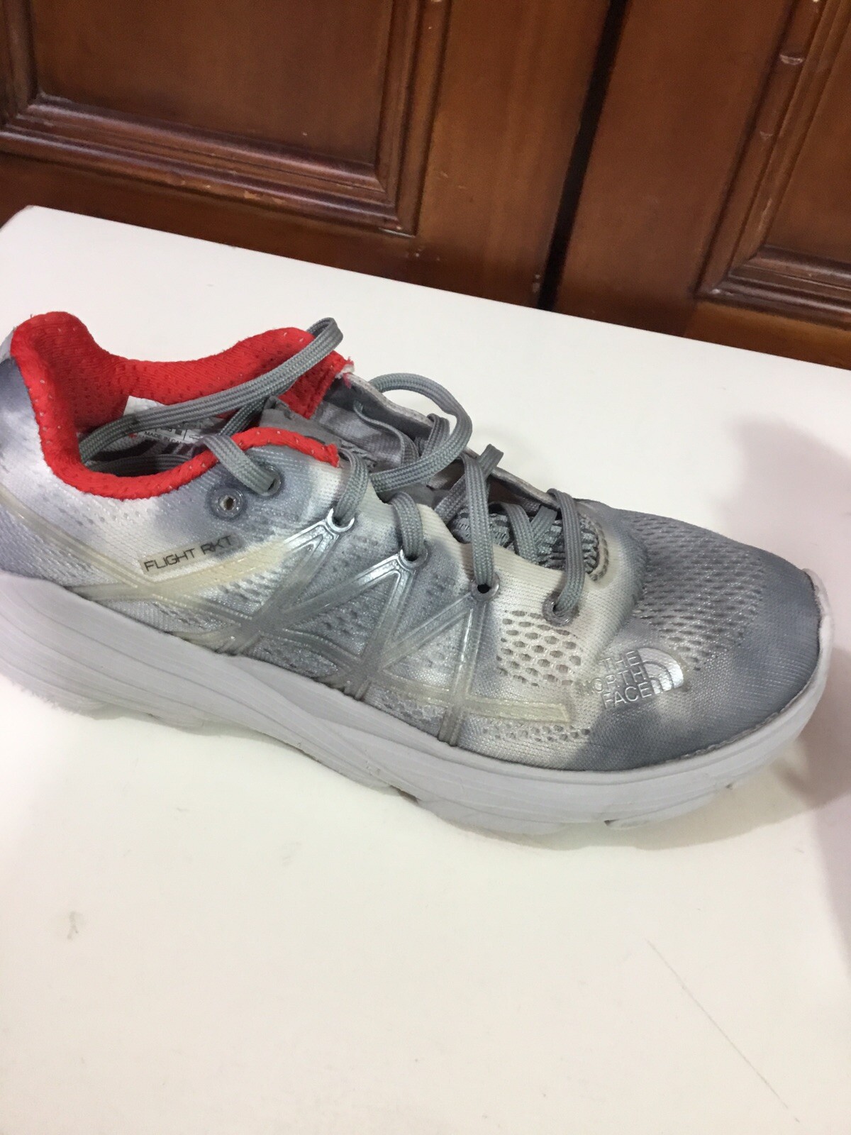 womens the north face sneakers size 5 flight rkt gray, white, red euc as picture