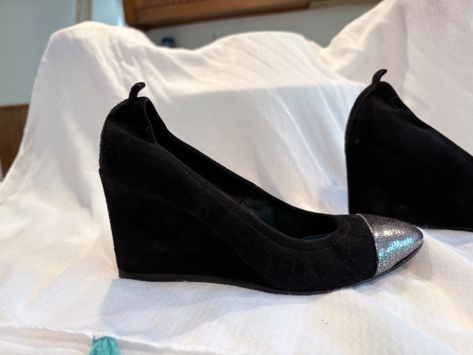 LANVIN Paris Suede & Metallic Cap-Toe Wedge Pumps | Size 38 | Black & Gunmetal S