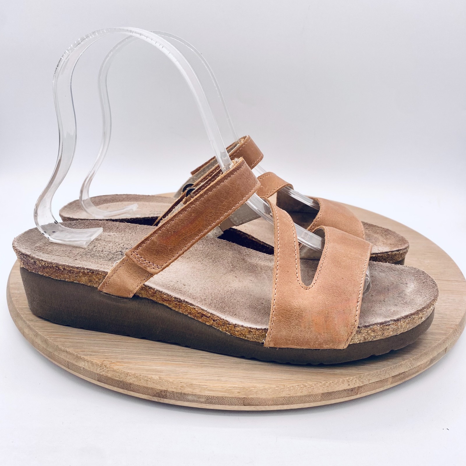 Naot Sandals Womens 8 39 Beige Leather Strappy Gabriela Slides Cork Peep