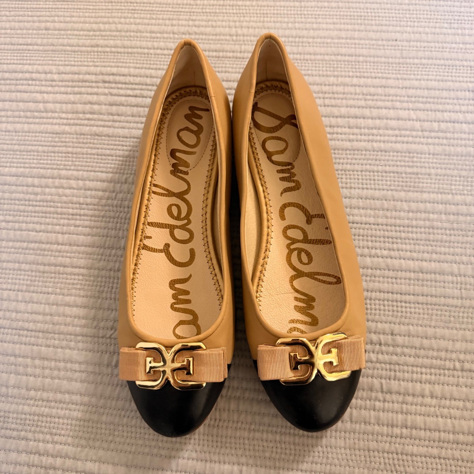 Sam Edelman Women’s Felicia Cap Toe Ballet Flats Tan Black Gold Buckle Size 9