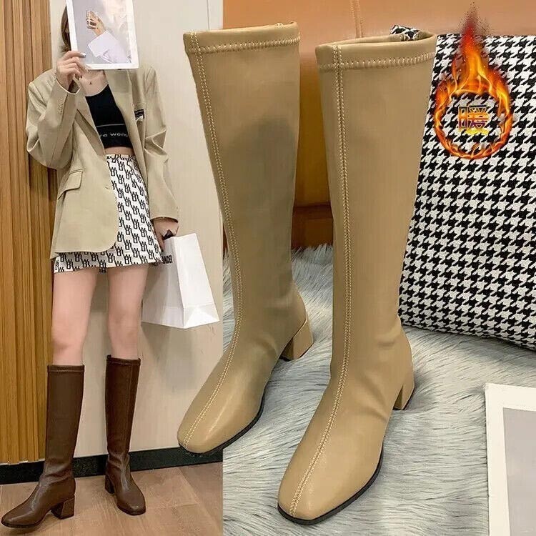 Soft Leather Shoes Women’s Block High Heels Long Boots Warm Knee High Zip Boots