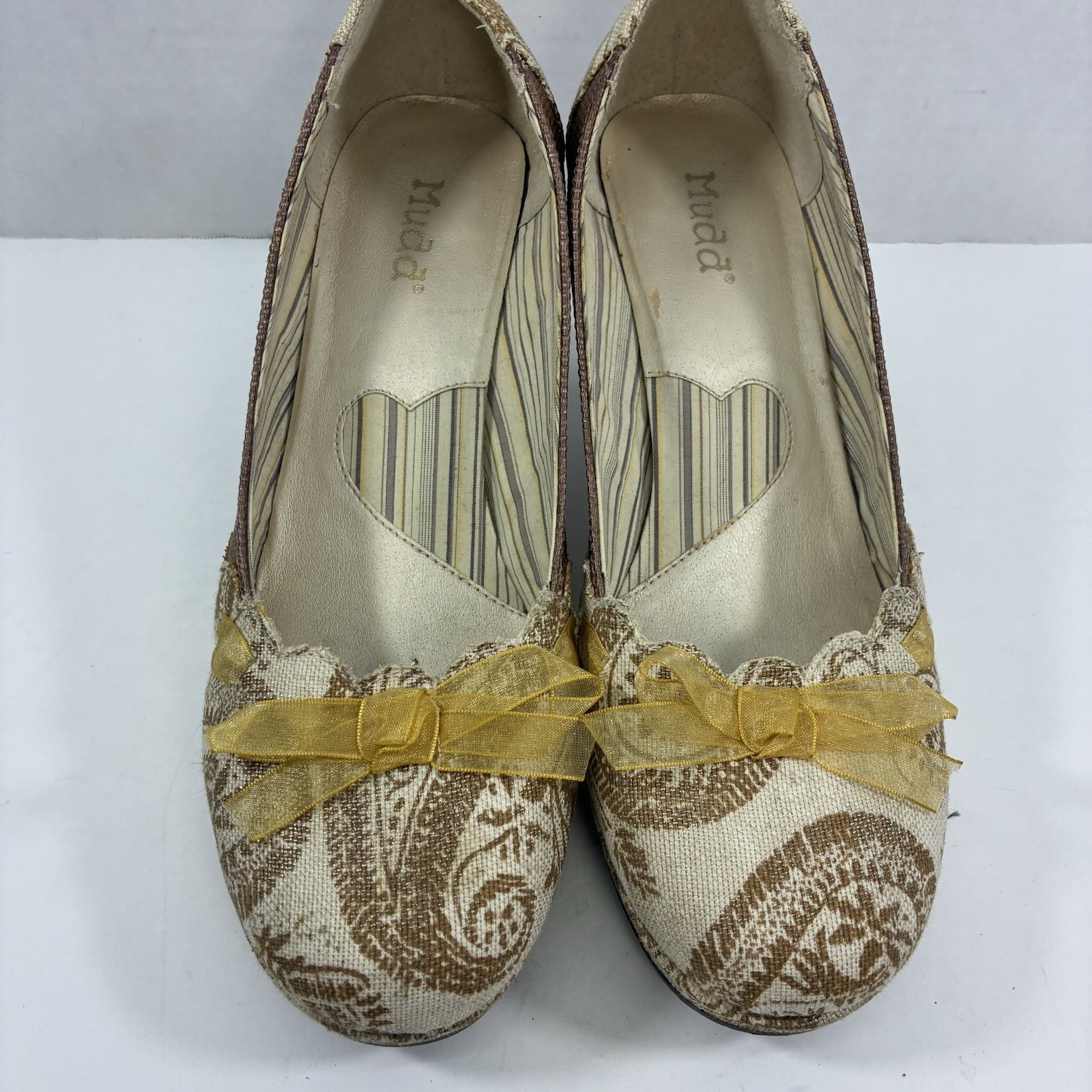 Mudd Y2K Adagio Heels Linen Floral Tapestry Wood Heels 11 Brown Paisley Regency
