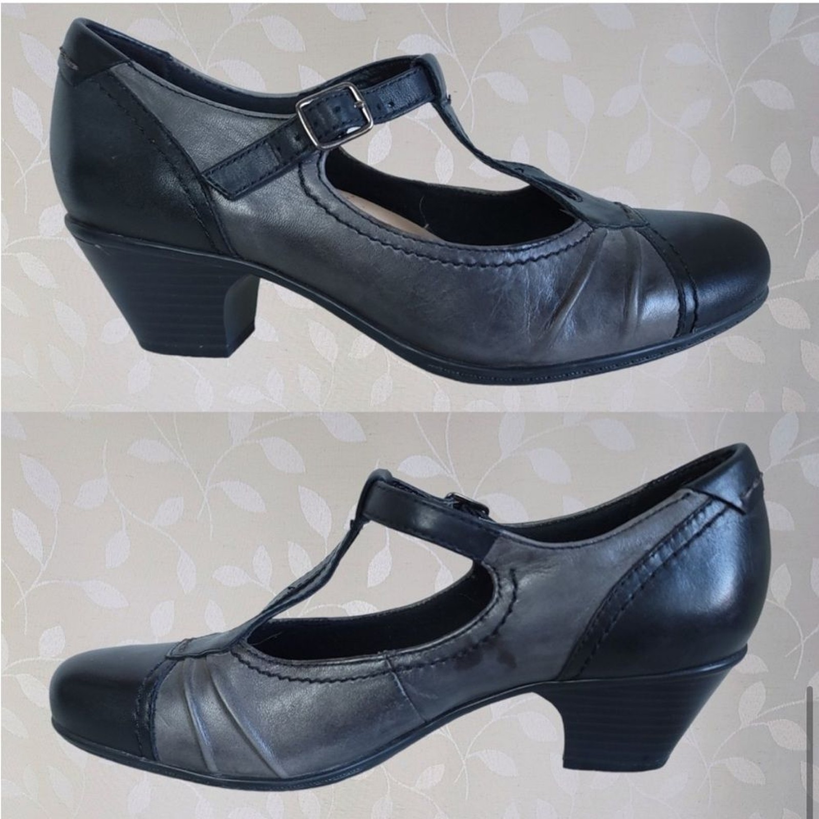 Earth Wanderlust Retro Leather T Strap Maryjane Heels Black Gray size 7.5