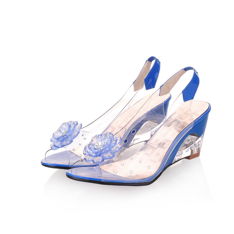 Women’s Peep Toe Flower Rhinestone Clear Sandals Mid Wedge Heel Slingbacks Shoes