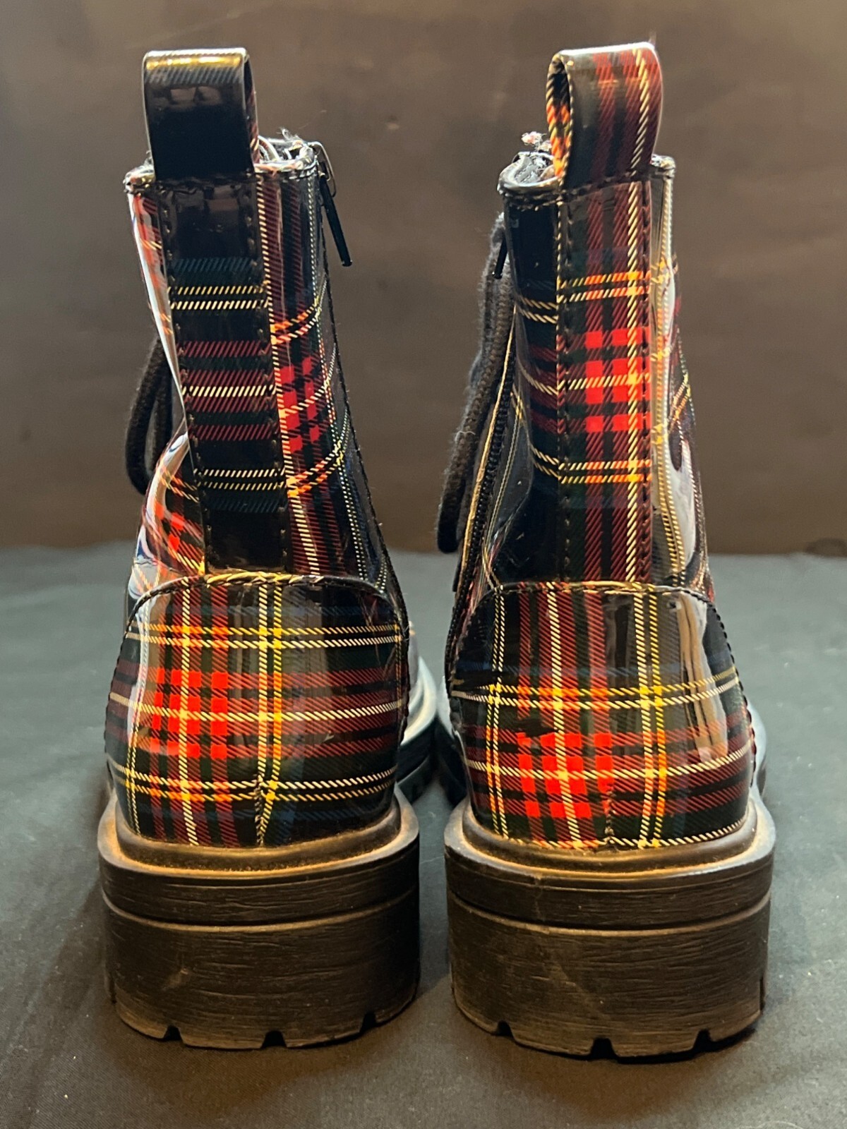 SODA Red & Yellow Plaid High-Gloss Combat Boots With Side Zipper & Lace-Up