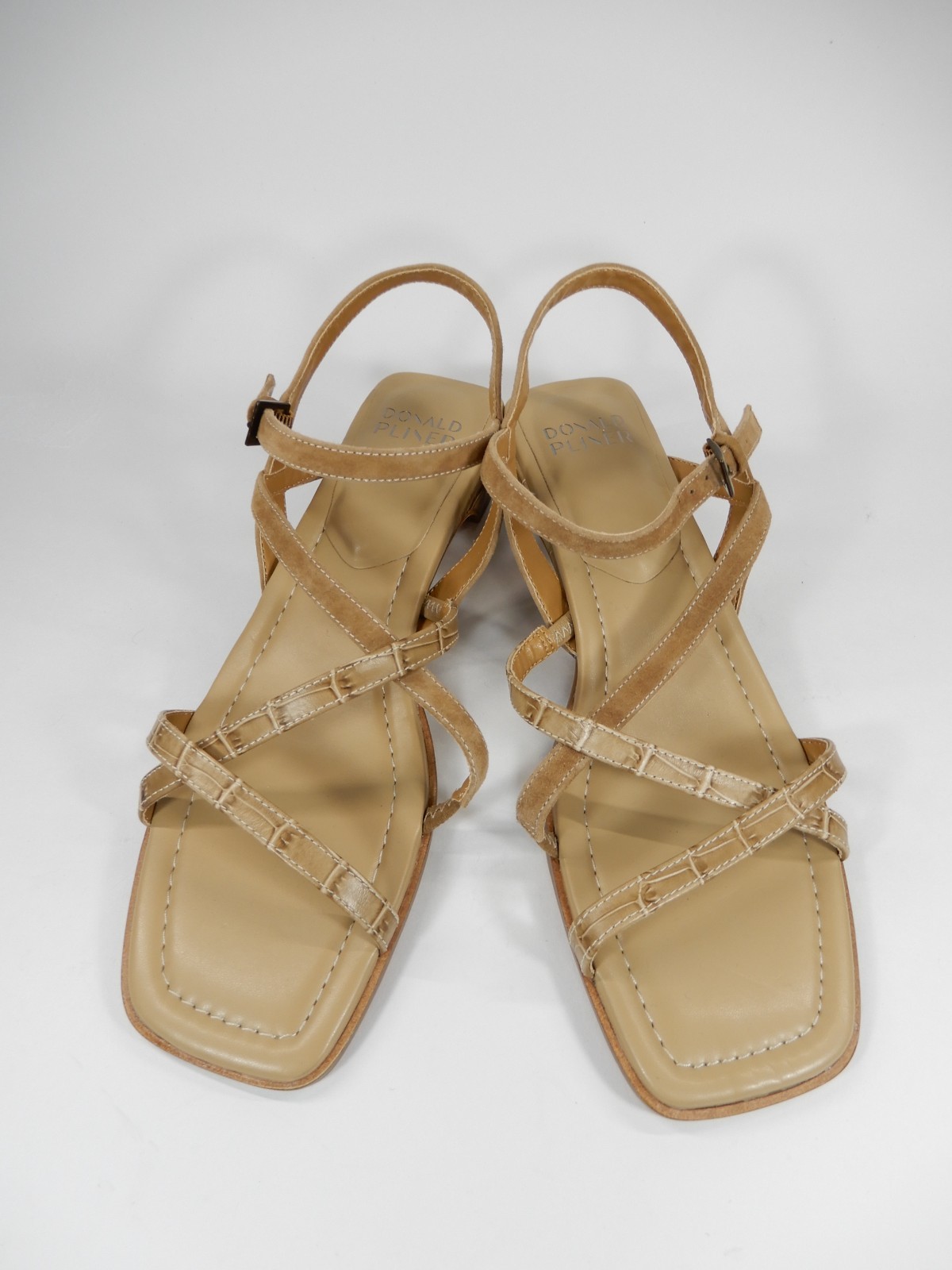 Donald Pliner Cecilia Strappy Sandals Size 9 Low Heel Tan Croc Suede Leather NEW