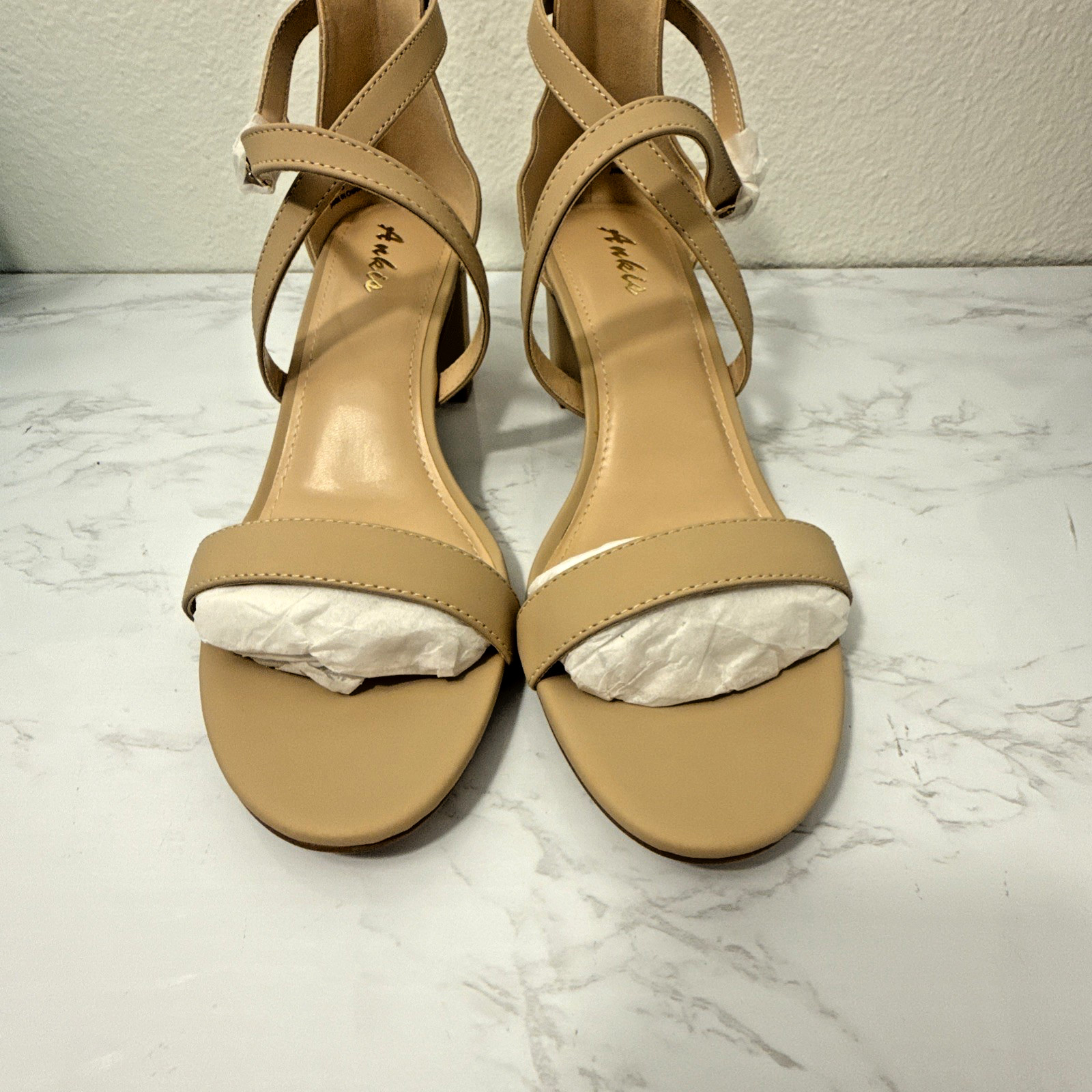 Ankis Size 11 Nude Nubuck Strappy Block Heel Sandals 2.25in Open Toe Buckle