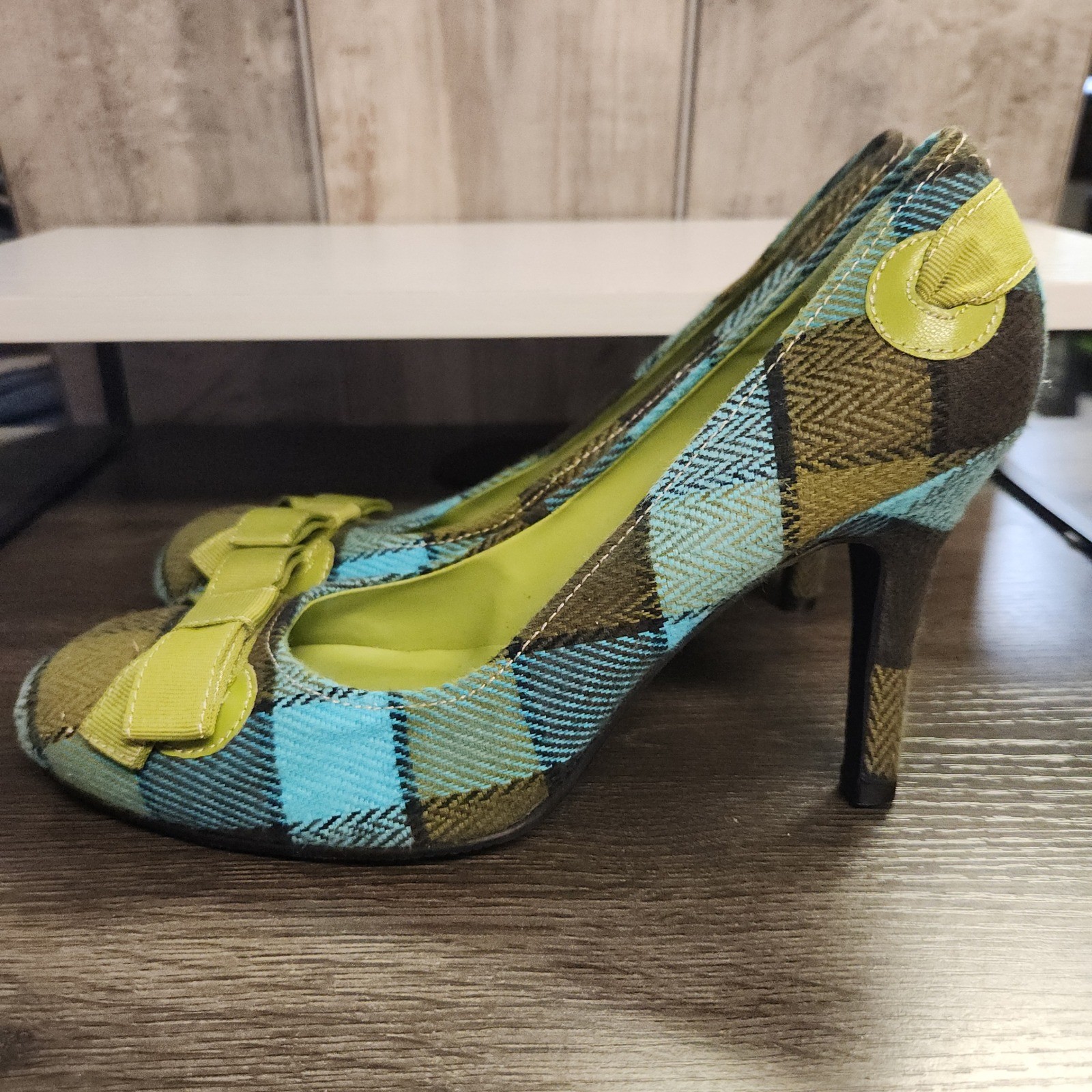 Amanda Smith Pumps Womens 8.5M Blue Green Plaid Bow Heel Preppy Academia