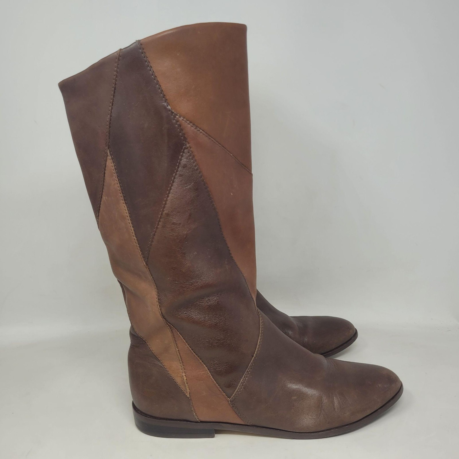 Vintage Brown Leather Boots 9 Patchwork Tall Minimalist 80s Slouchy Boho Retro
