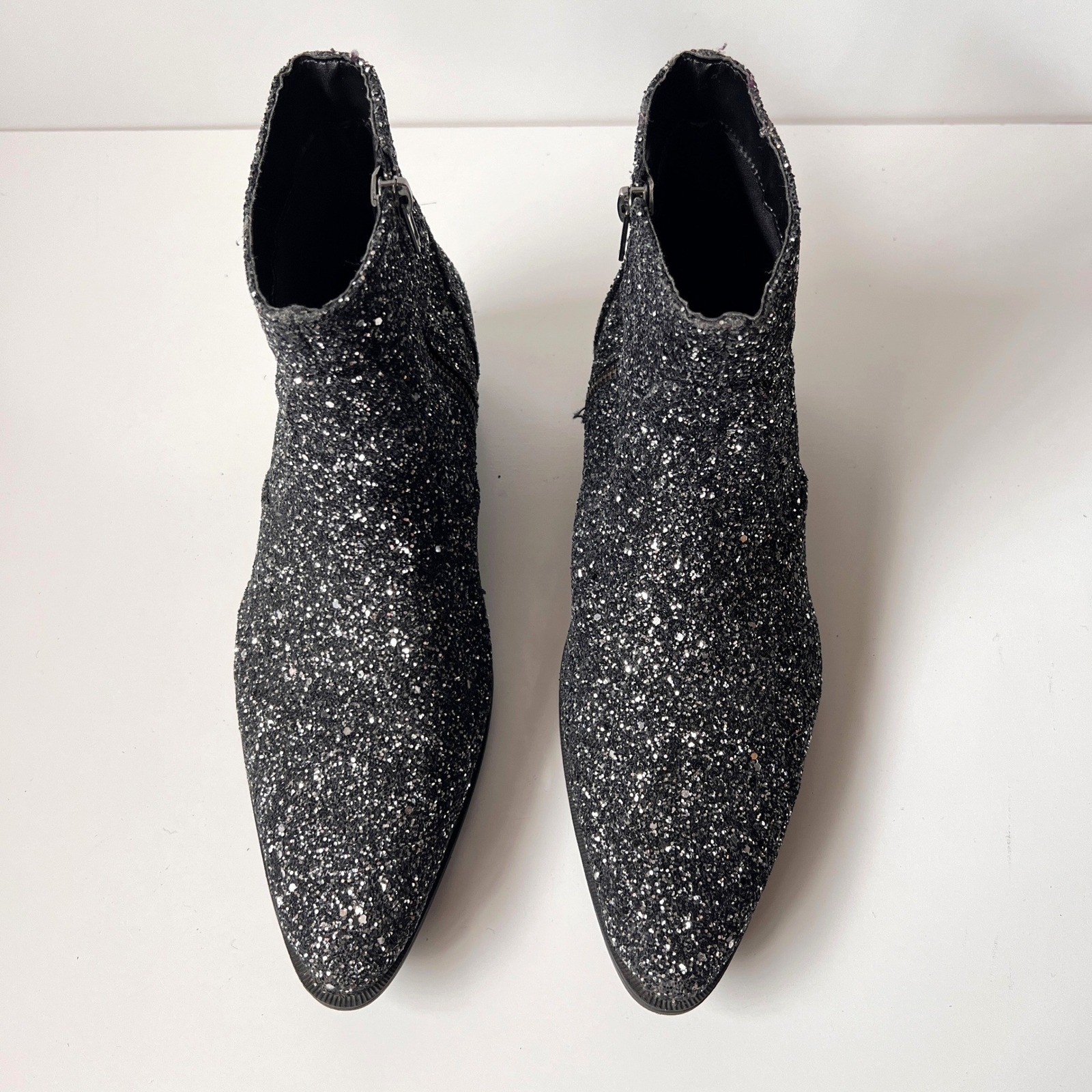 Glitter Chelsea Ankle Boots Sparkly Pointed Toe Rocker Glam Black Silver 9 Women