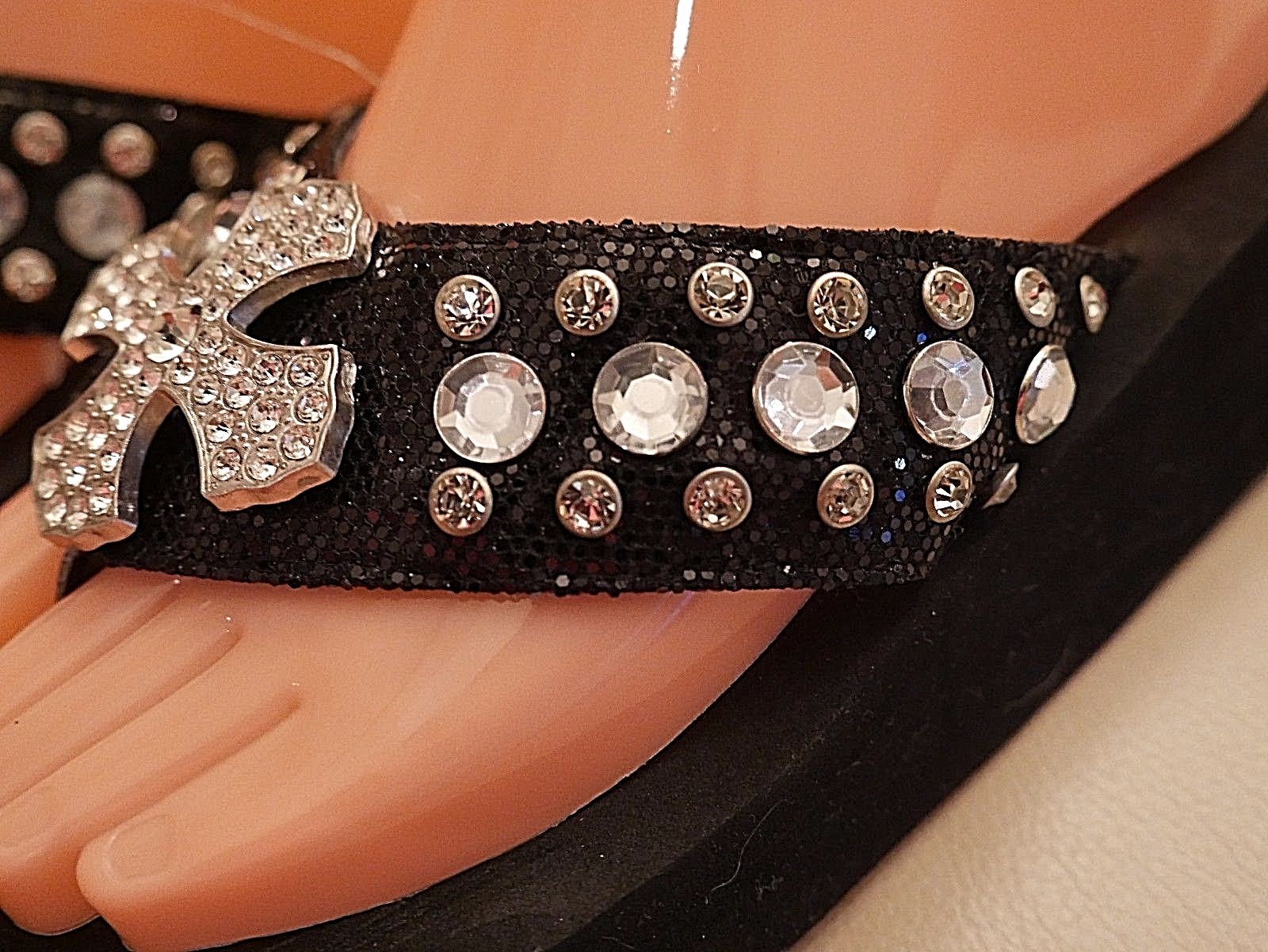 NEW WOMEN’S BLACK OLIVIA FLIP FLOP WEDGE SANDAL RHINESTONES CROSS 5,6,7,8,9,10