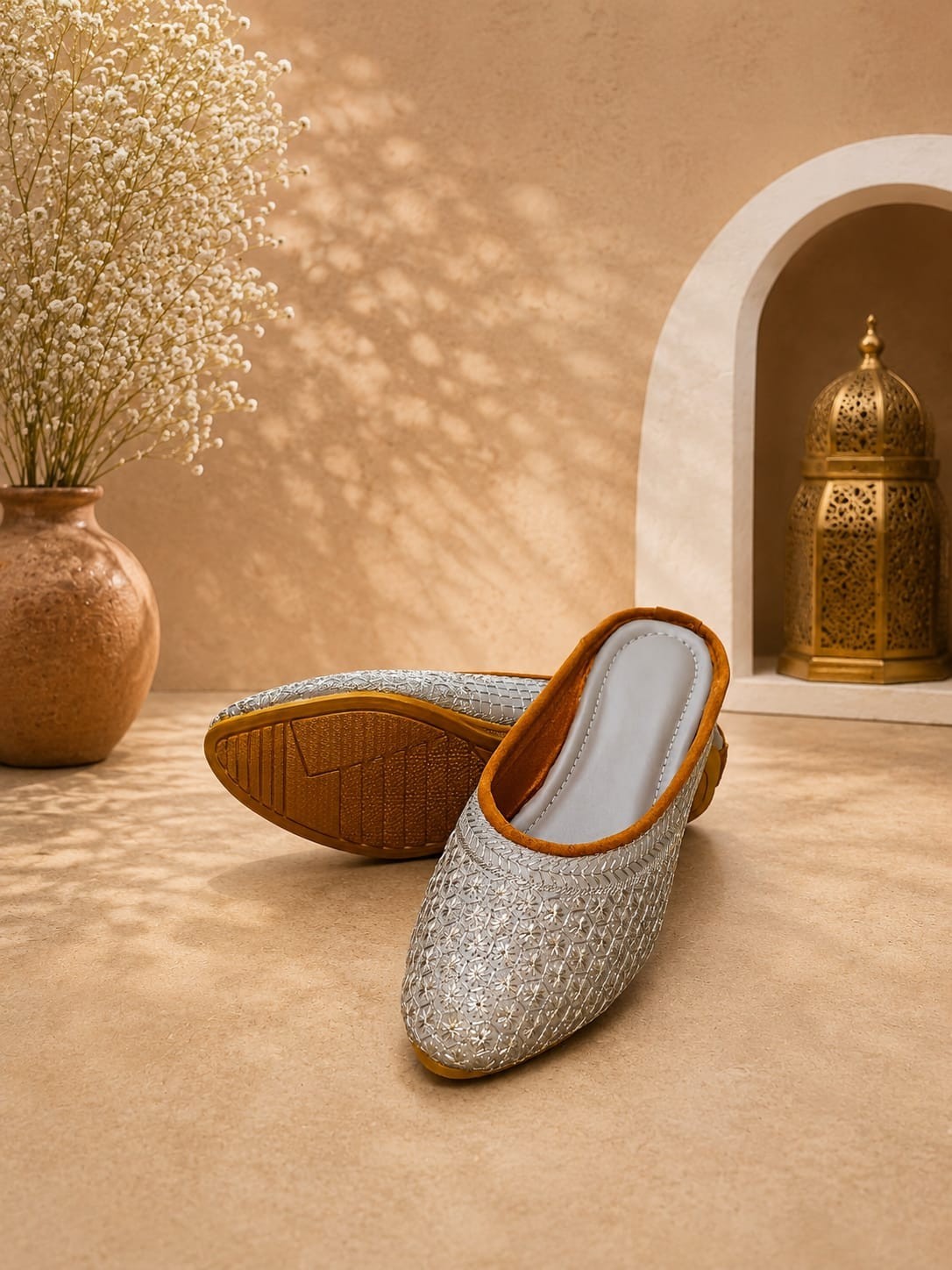 Handmade Women’s Grey Floral Embroidered Boho Mule Flat Ethnic Jutti Shoes