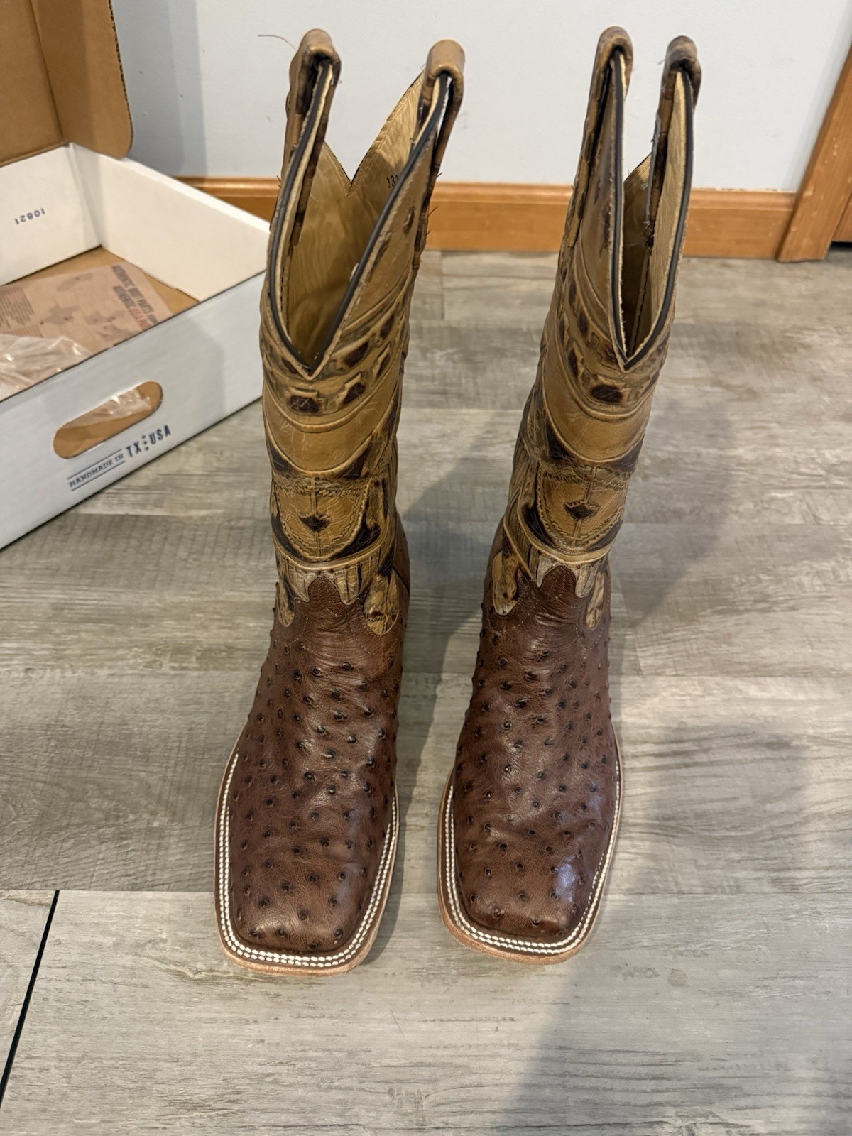 Anderson Bean Women’s Western Ostrich/Leather Boots Brown Tan Square Toe 9C