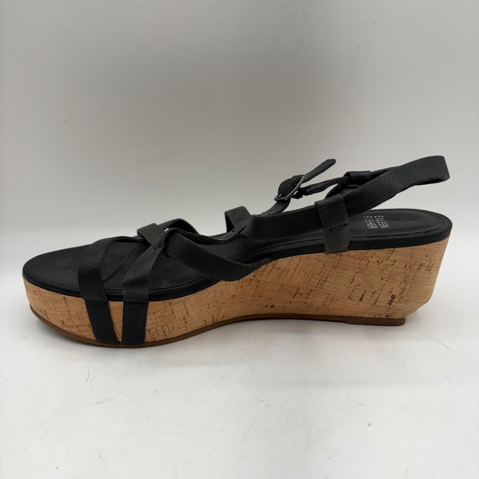 Eileen Fisher Womens Black Leather Cork Platform Wedge Strappy Sandals Size 9.5