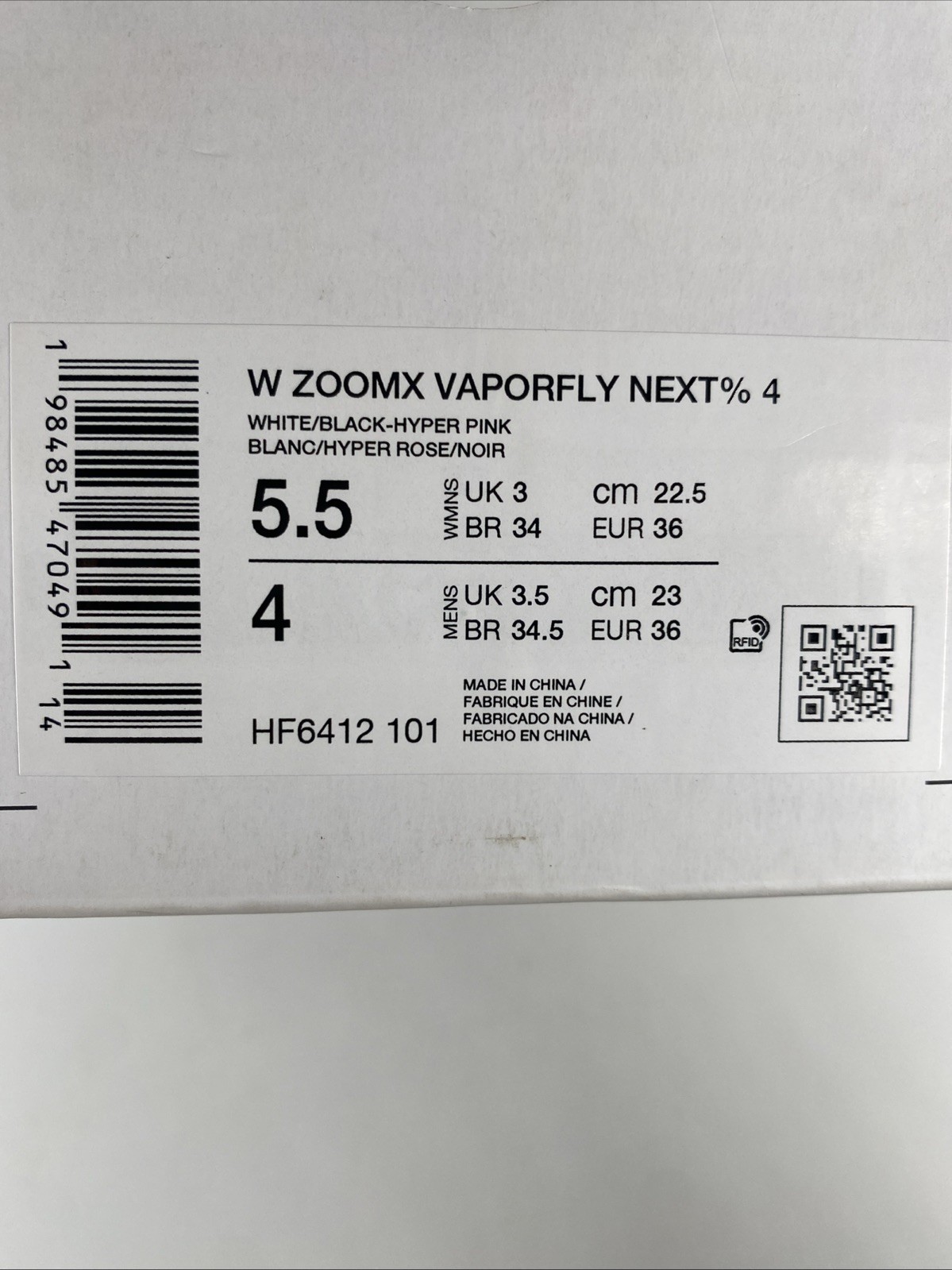 Nike W ZoomX Vaporfly Next% 4 White Black Hyper Pink (HF6412 101) Women’s Sz 5.5