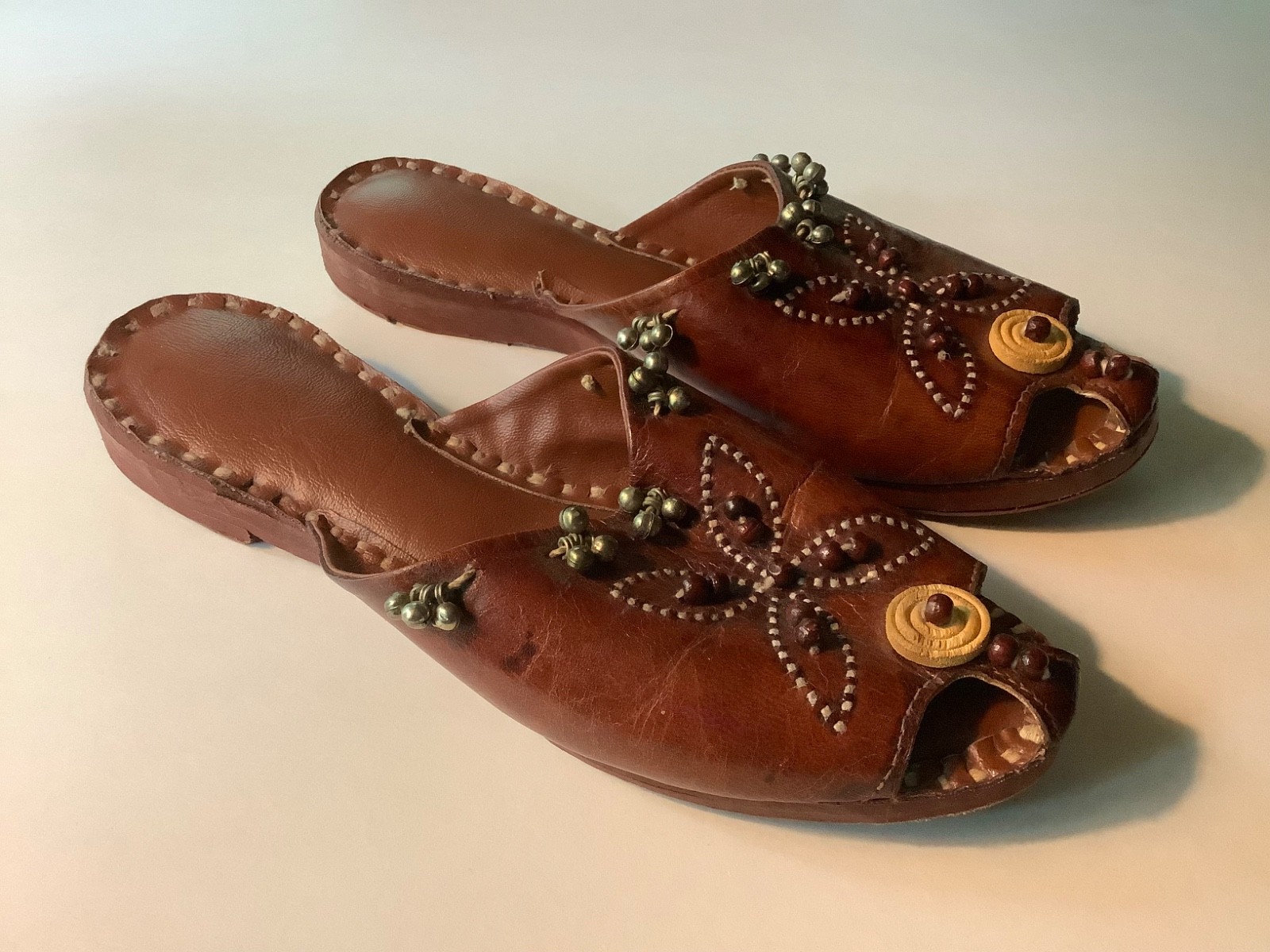 Vintage Handmade Indian Leather Mules Embroidery Beads & Bells Women’s Size 7.5