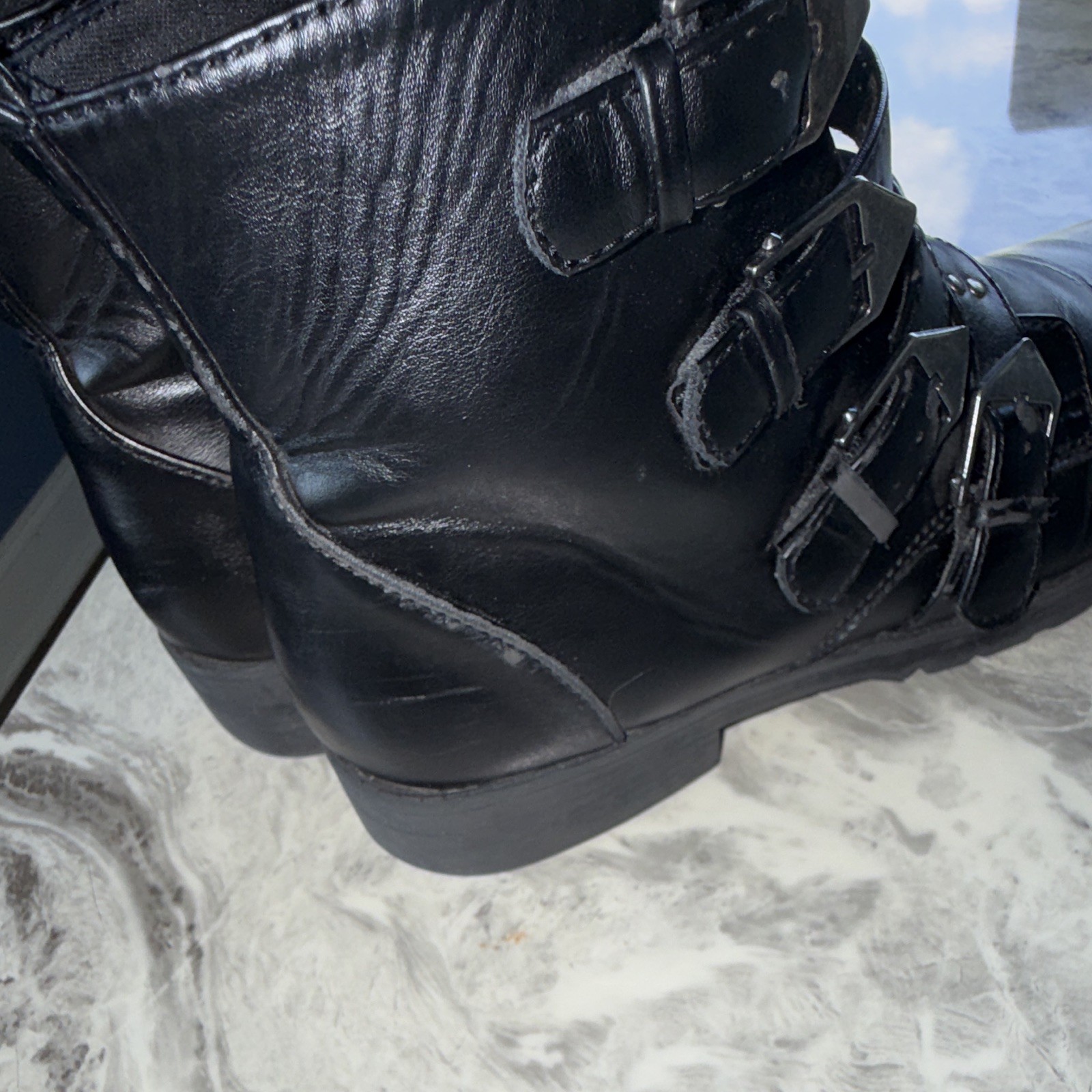 Black Leather Ankle Bootie Multi-Buckle Straps Studded Zip Round Toe 10