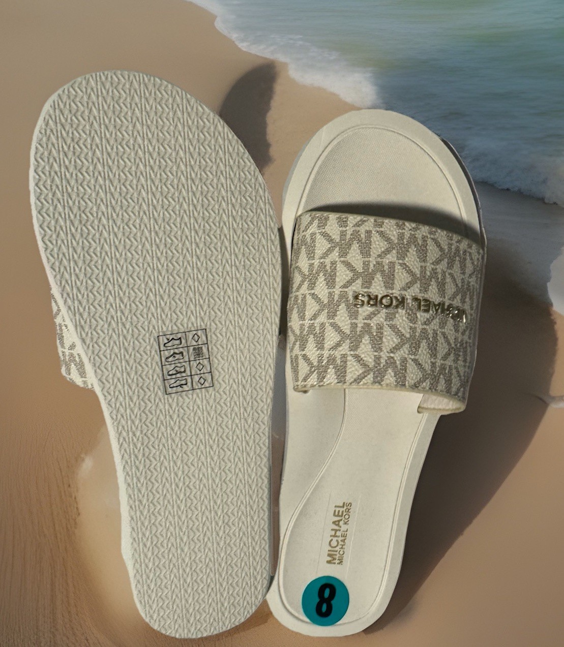 NEW Michael Kors Women Slide Brown Logo Printed Sandals,Sz. 7 M