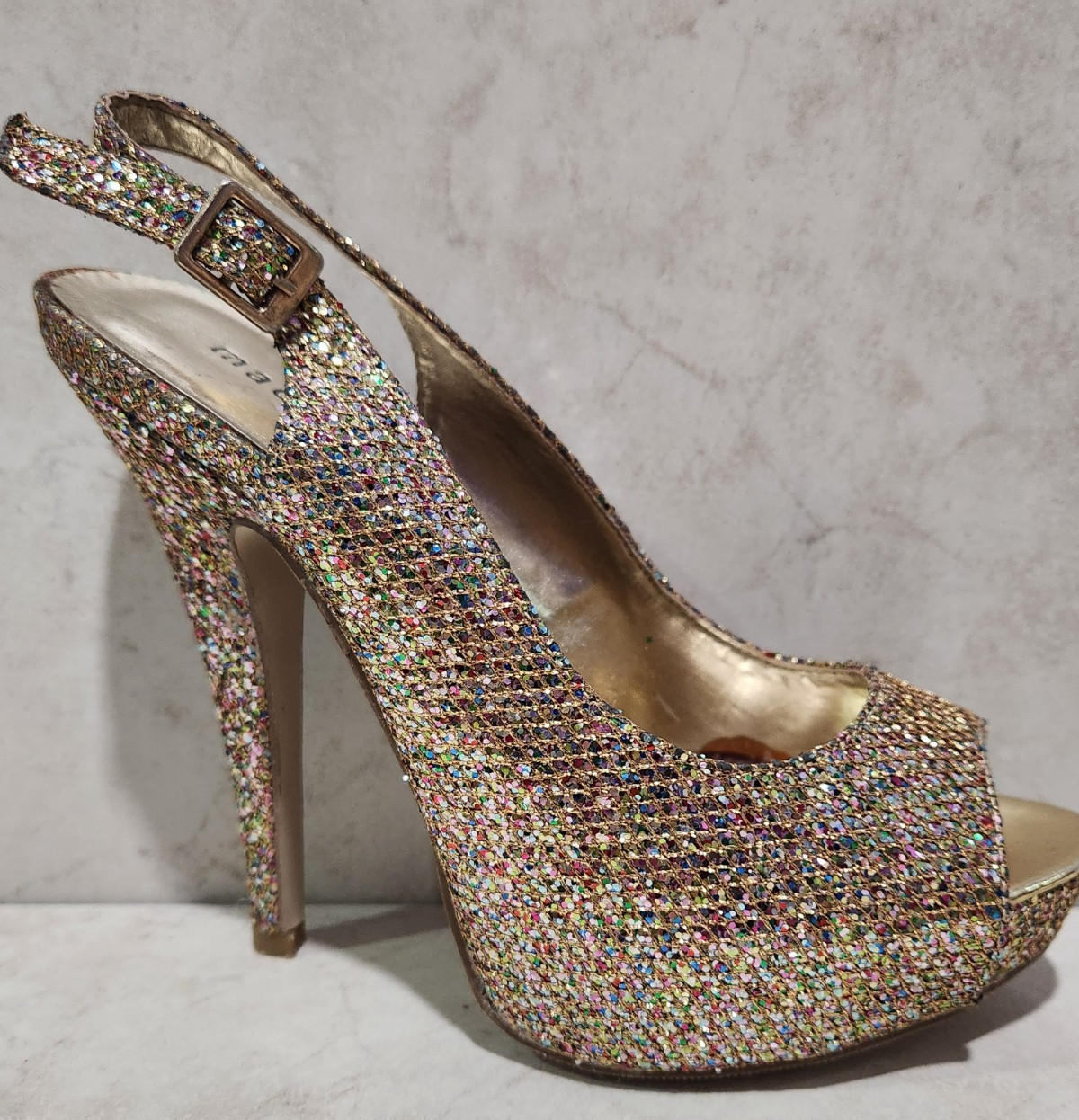 MADDEN GIRL JASSPERR GOLD Multi Sparkly Platform Stilleto 4 INCH Heels Size 7