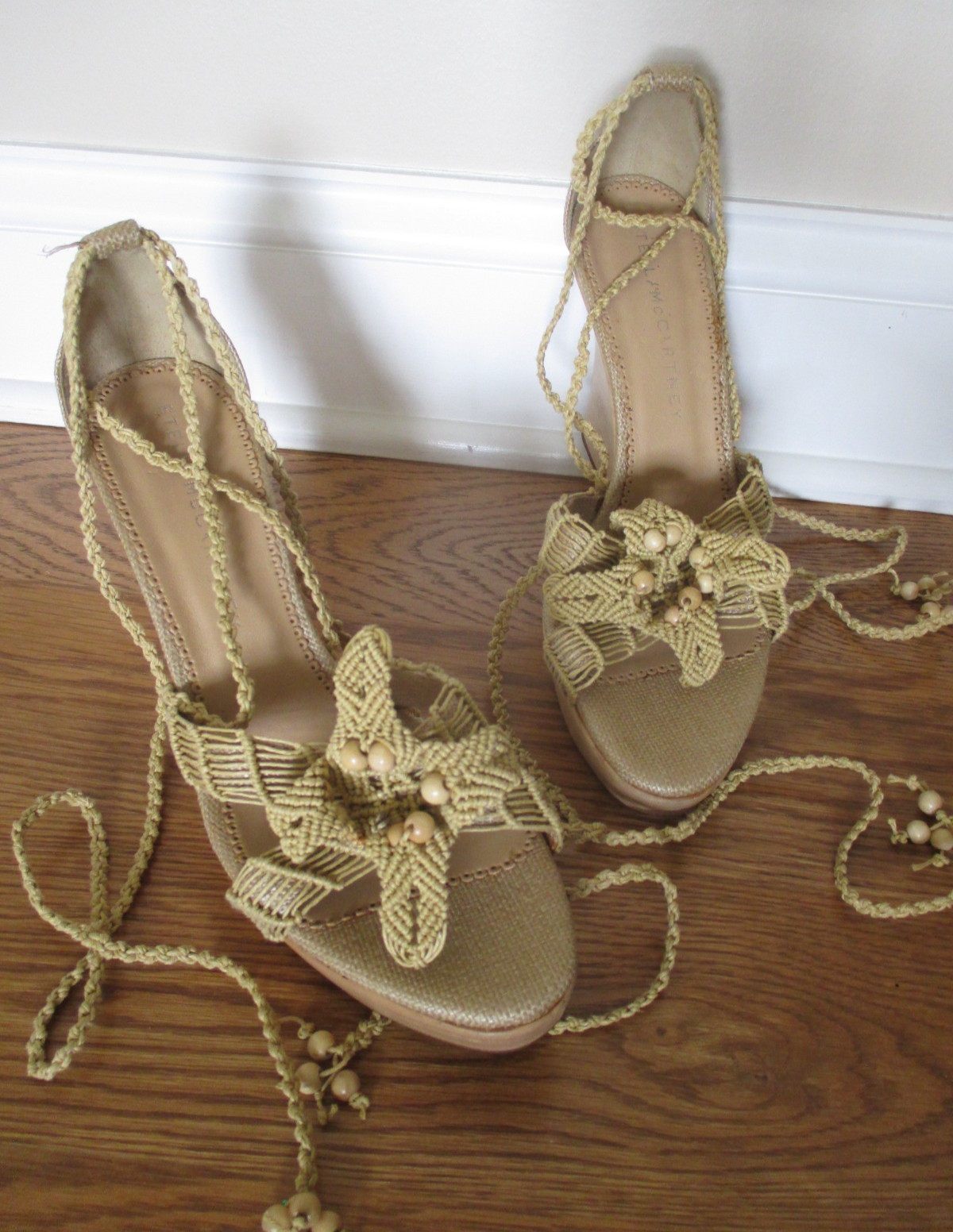 STELLA MCCARTNEY Women Raffia LACE UP Flower WEDGE Sandals Platform Bead 39.5